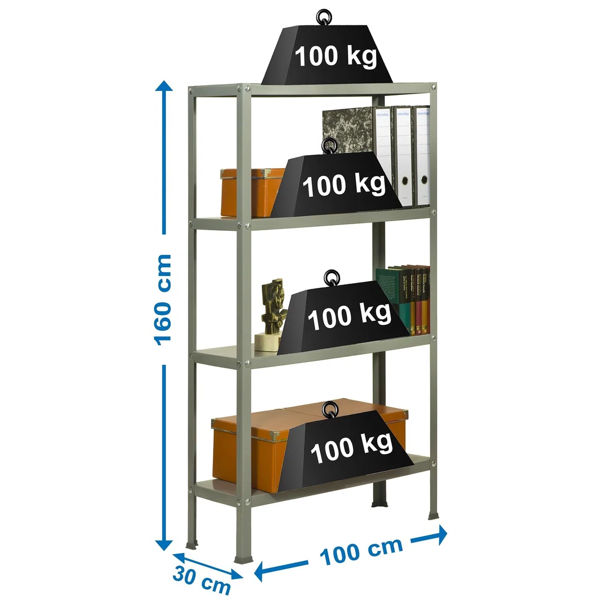 SimonRack Estantería Metálica Almacenaje, 4 Baldas, Alta Capacidad Carga 100 kg, 1600x1000x300 mm, Estantería Salón Baño Cocina, Gris - SimonHome Classic