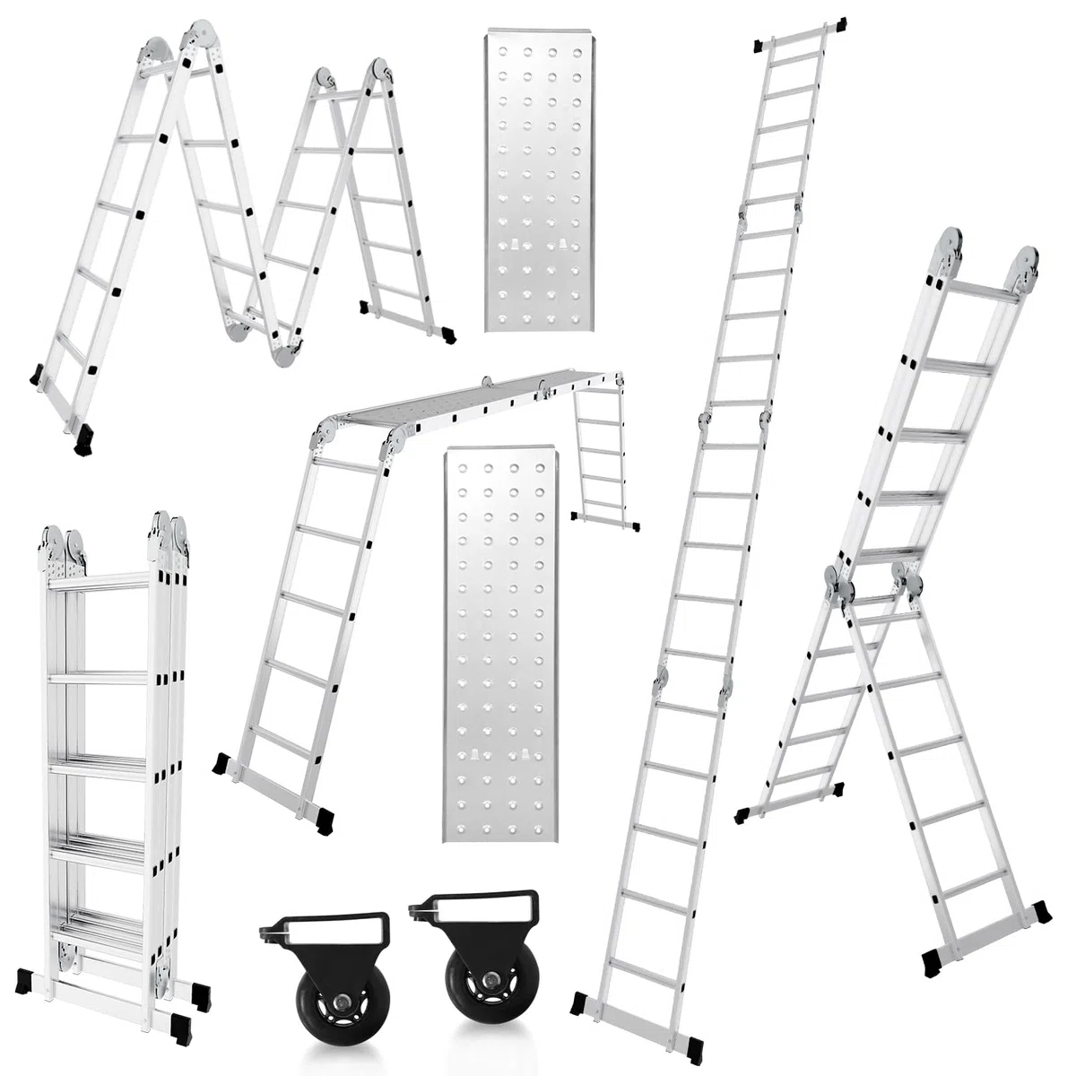 Herrselsam Escalera Multiusos 4 x 5, 7 en 1, 582 cm, Aluminio, Plegable, con 2 Plataformas y Ruedas, Carga máxima 150 kg, Escalera multifunción 20 peldaños,DY8973-M-1x