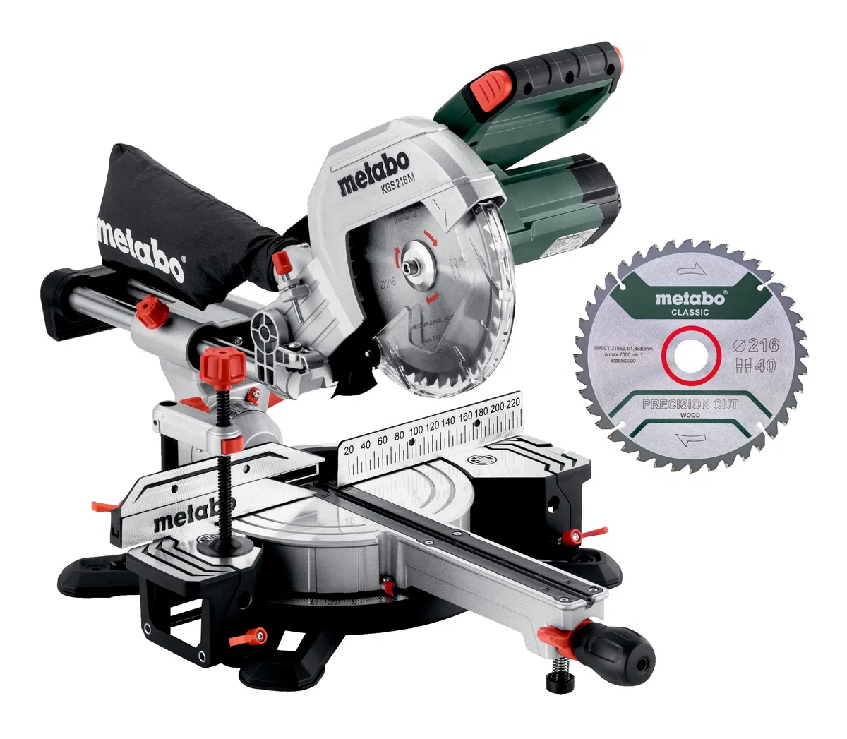 Metabo KGS 216 M - 613216900 - Kit de sierra radial e inglete con hoja de sierra ingletadora Precision Cut Line 216 mm 2. Hoja de sierra de carburo de tungsteno y función de tracción - Cable de 2 m de