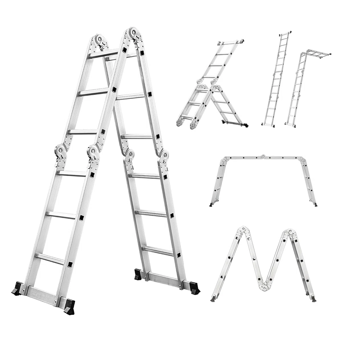 Miscoos Escalera Multifunción de Aluminio 6-en-1, Escalera Articulada Plegable 4x3 con 12 Peldaños, Antideslizante, Robusta, de Trabajo, 3.6 m, Capacidad de 150 kg