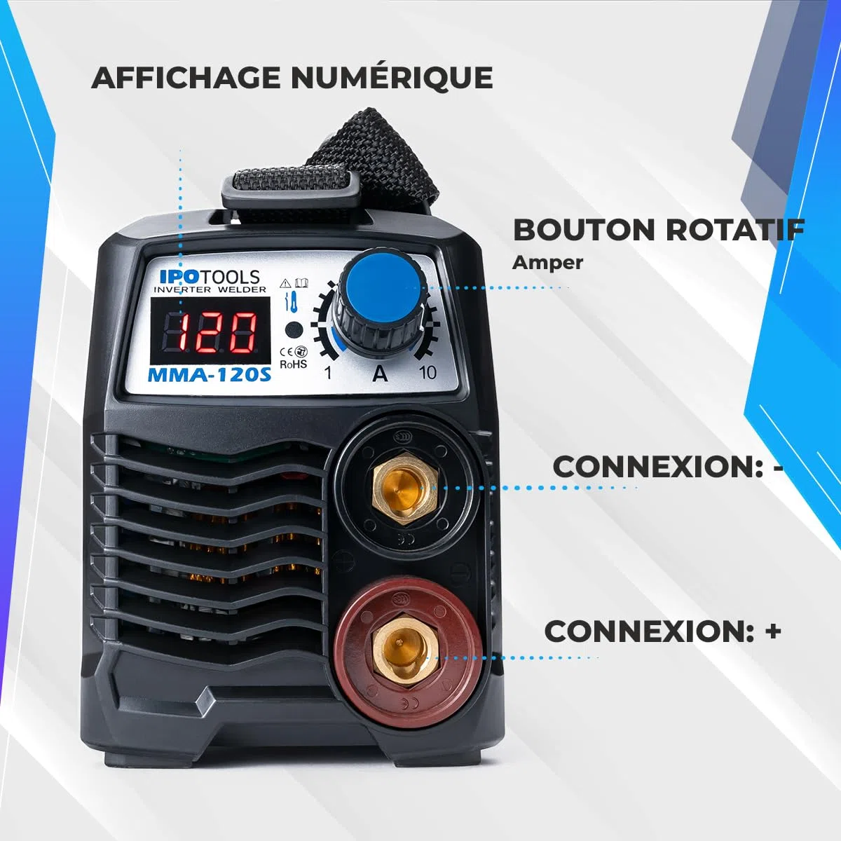 IPOTOOLS MMA-120S Soldadora de Electrodo 120A - Mini Soldadora Eléctrica Inverter MMA con Pantalla LCD, Anti-Adherente, 230 V, 7 Años de Garantía