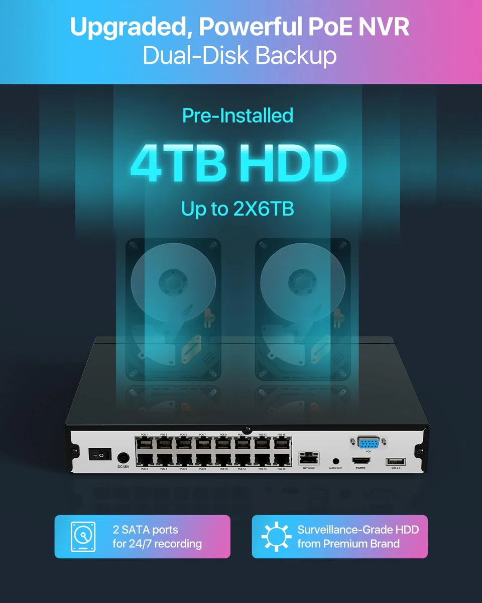 ZOSI Kit Cámaras de Vigilancia PoE 16CH 4K NVR(Ampliable a 32CH) con (8) 8MP Cámara Seguridad Exterior, Detección y Alarma de Persona, Visión Nocturna Color, 4TB Disco Duro Incluido