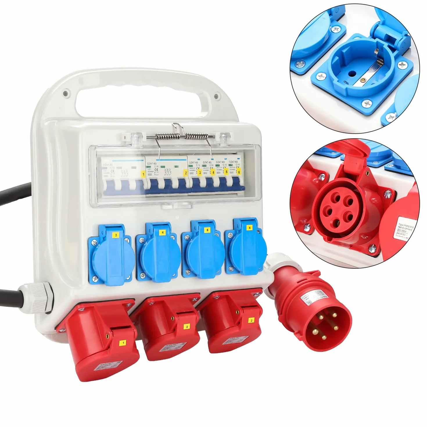 Distribuidor de pared, 2 x CEE 16A 400V+1 x CEE 32A 400V+4 x 230V Schuko IP44 Distribuidor de corriente de obra de 5 polos, cable de goma resistente alimentación, tomas de corriente