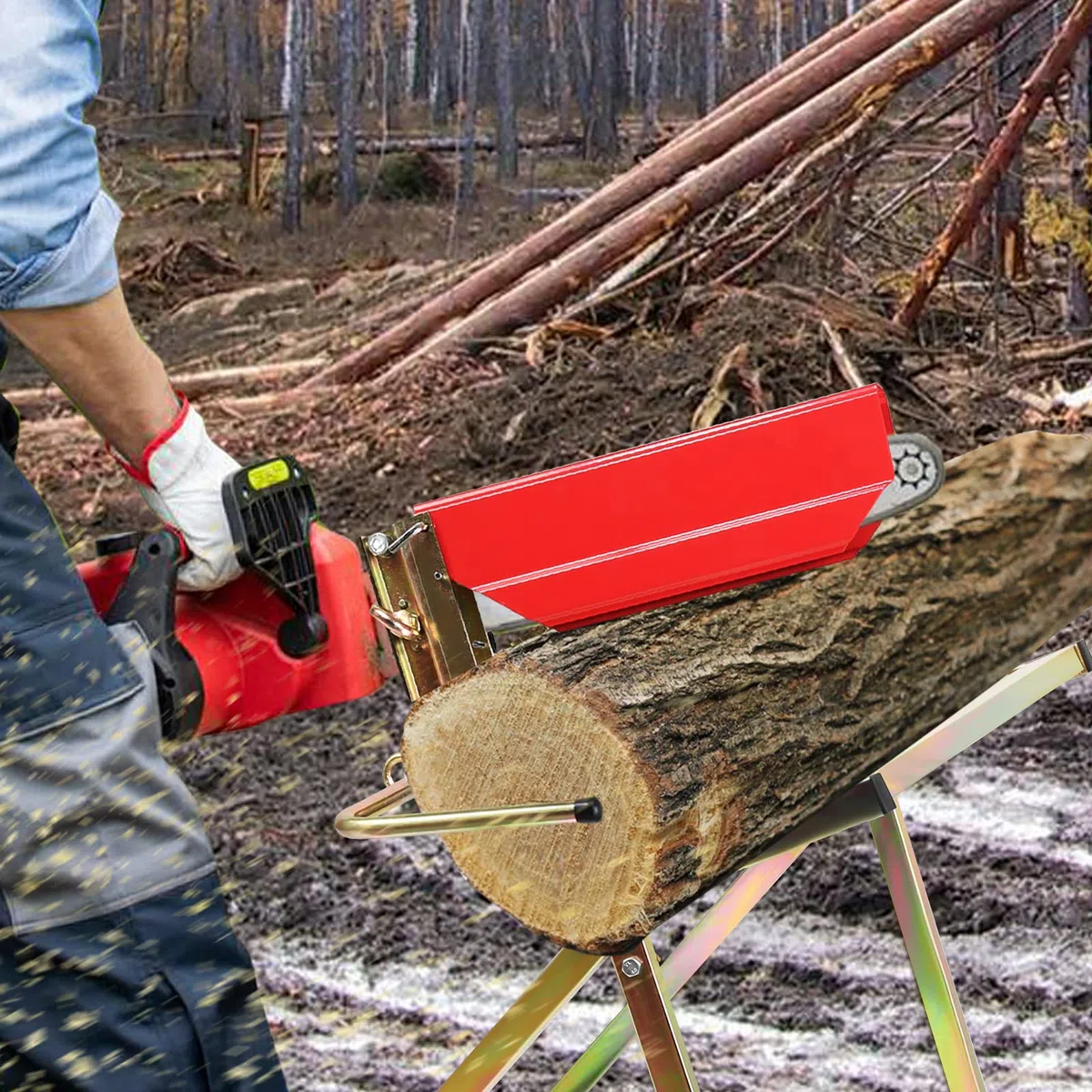 Sonnewelt Caballete de sierra plegable de madera con componentes galvanizados, para leña y motosierras, capacidad de carga hasta 150 kg, Dorado