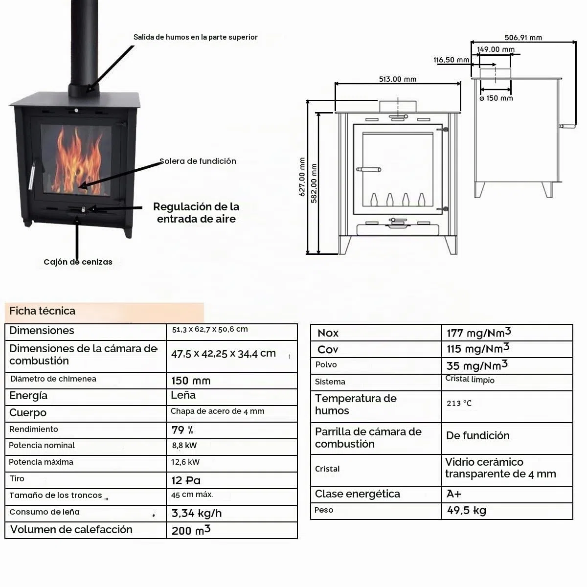 SOLARIS Estufa de leña de acumulación 8,8-12 kW - troncos de 45 cm - alta eficiencia