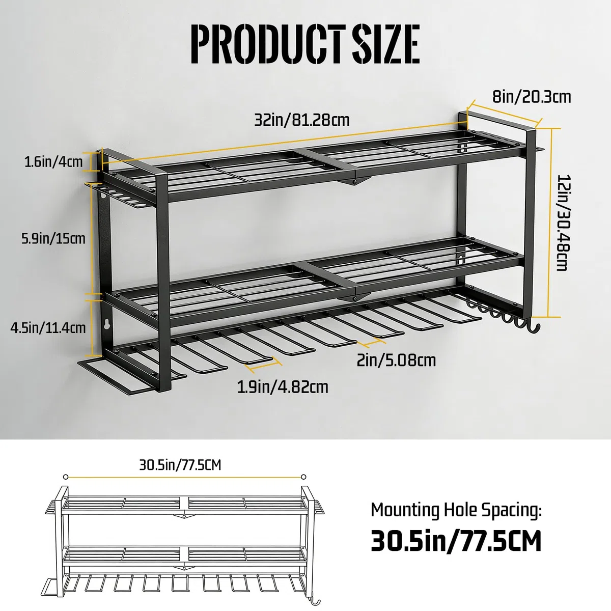 3 Pisos Soporte de Pared para Herramientas | Almacenamiento para 8 Herramienta Eléctrica, 81 x 30 x 20 cm