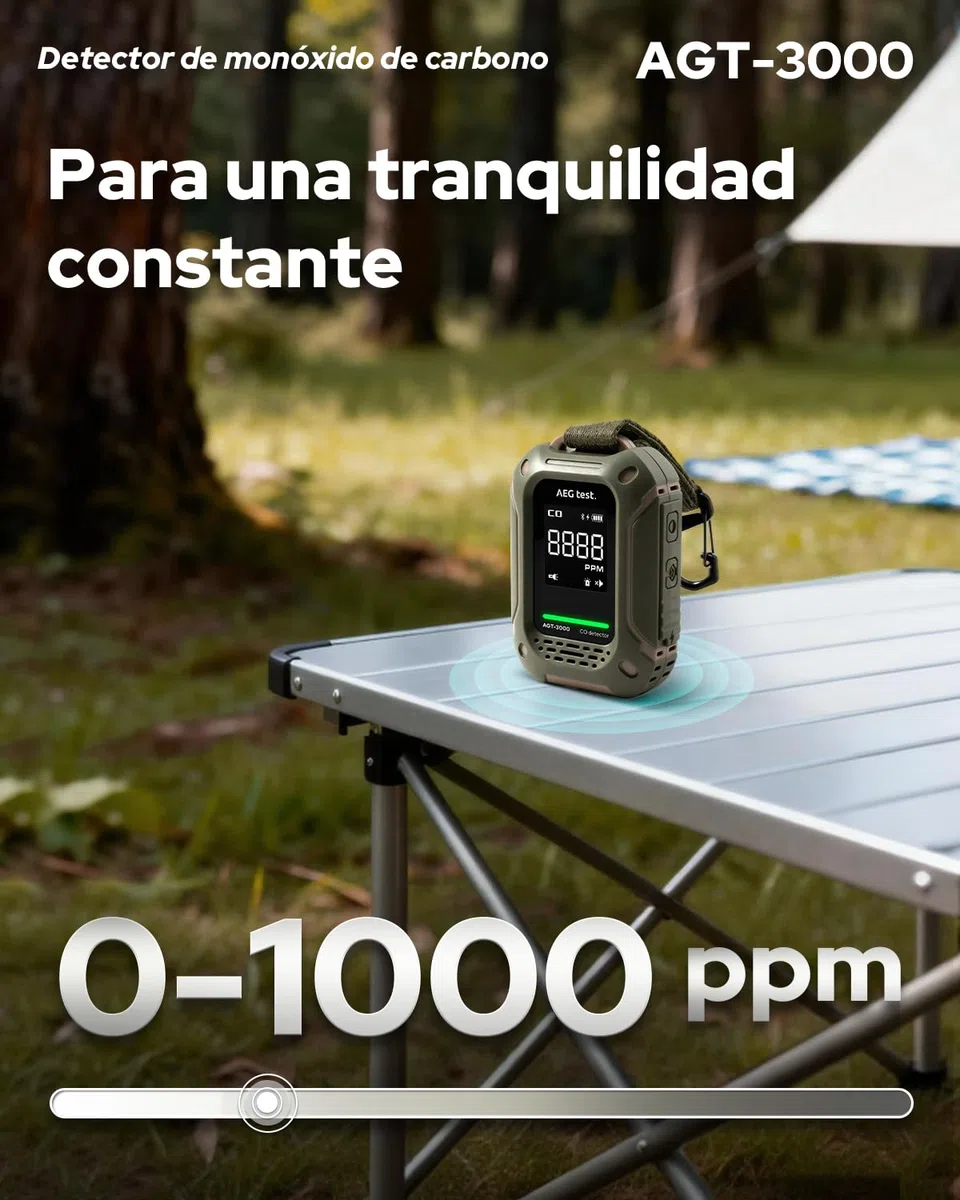 AGT-3000 Detector portátil de monóxido de Carbono, 240 h en Espera, Sensor CO Mejorado para Viajes, Detector CO Recargable con alertas sonoras y visuales, medidor CO para Camping, 0–1000 ppm