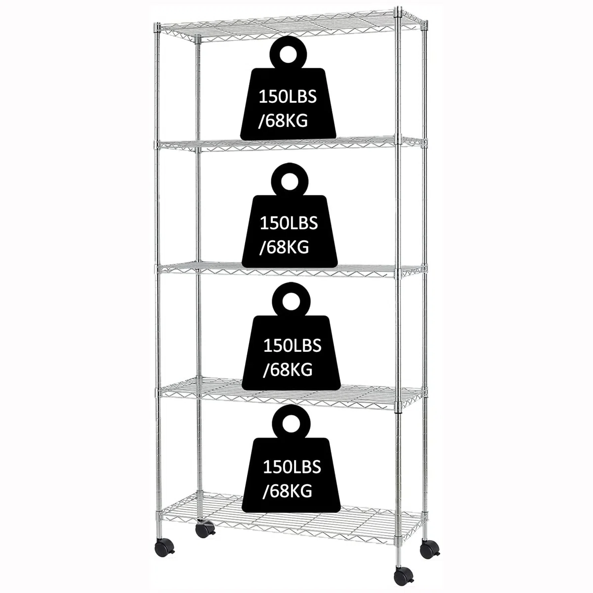 5 baldas Estantería con Ruedas, Estantería para Cargas Pesadas con Ruedas, Estante de Metal Ajustable en Altura, Capacidad de 1100 Libras, Certificado NSF-152x76x35cm Cromado