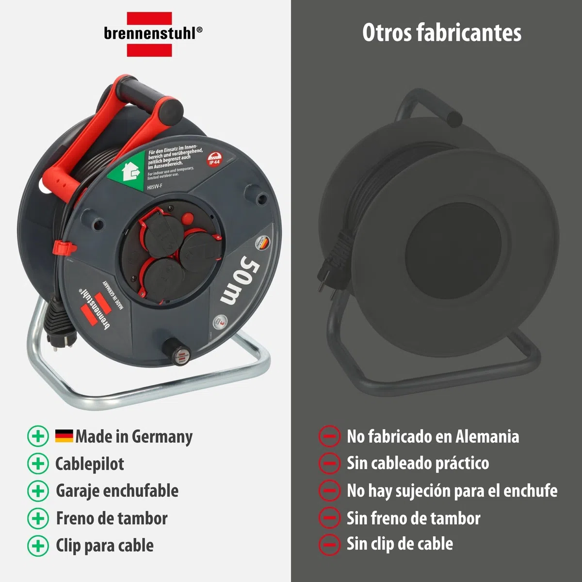 Brennenstuhl Enrollacables Garant V2 IP44 50m exterior (Made in Germany, 3 tomas de corriente con contacto de puesta a tierra, plástico especial)