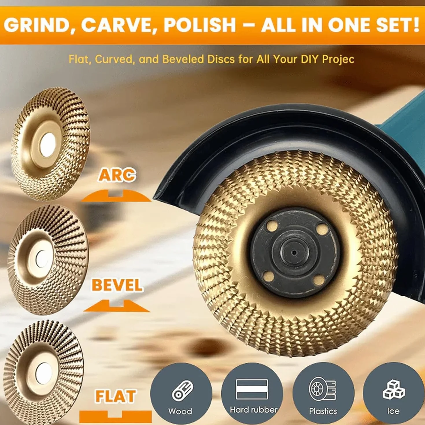 Disco de Pulido para Amoladora Angular, Juego de Discos de Tallado de Madera de Alta Resistencia, Rueda de Carburo de Tungsteno para Cortar, Dar Forma, Lijar y Pulir Madera (4PCS)