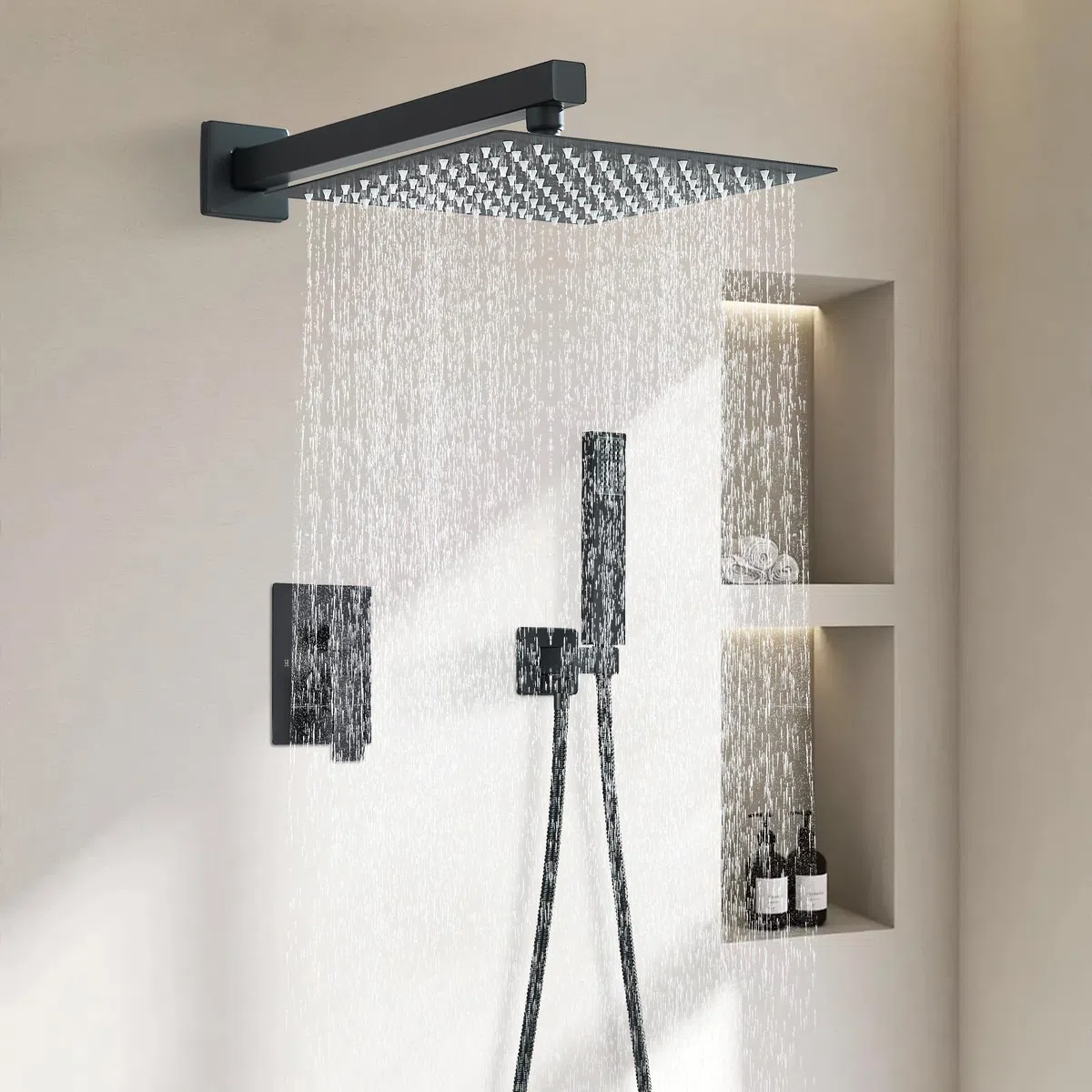Set De Ducha Sistema Empotrado Negro,Columna para Baño,Alcachofa 30cmx30 cm, de Mano,Cuerpo de Latón