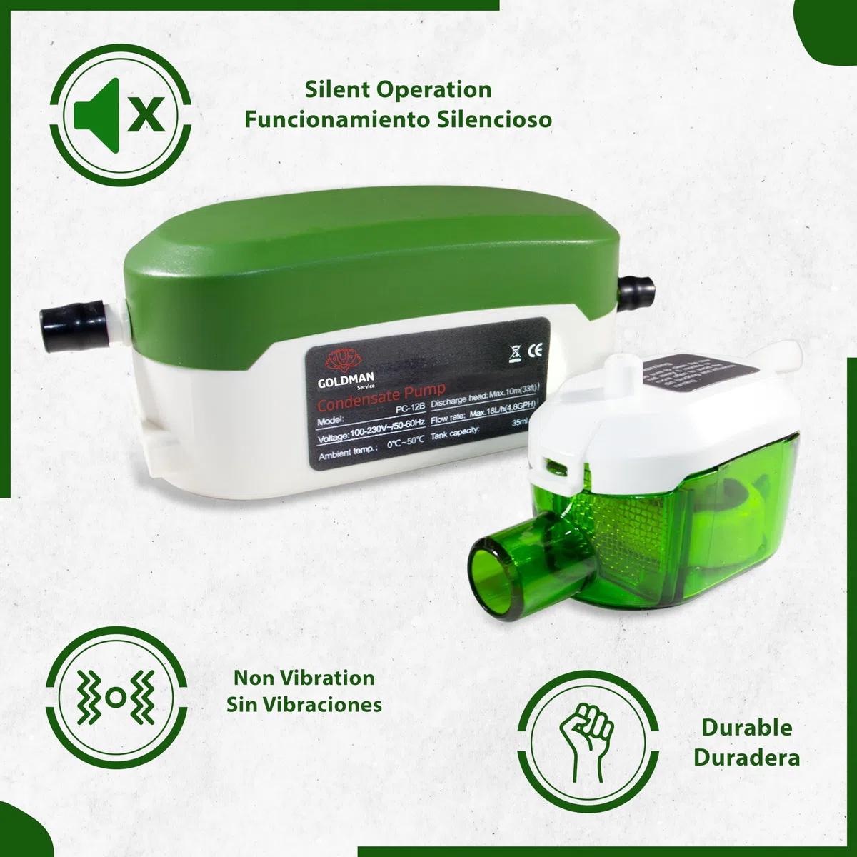 GOLDMAN SERVICE Bomba de Condensado Automática Mini ultra Silenciosa para Drenaje y Desagüe de Agua en Aire Acondicionado Climatizador Split. Flujo 18 Litros/Hora