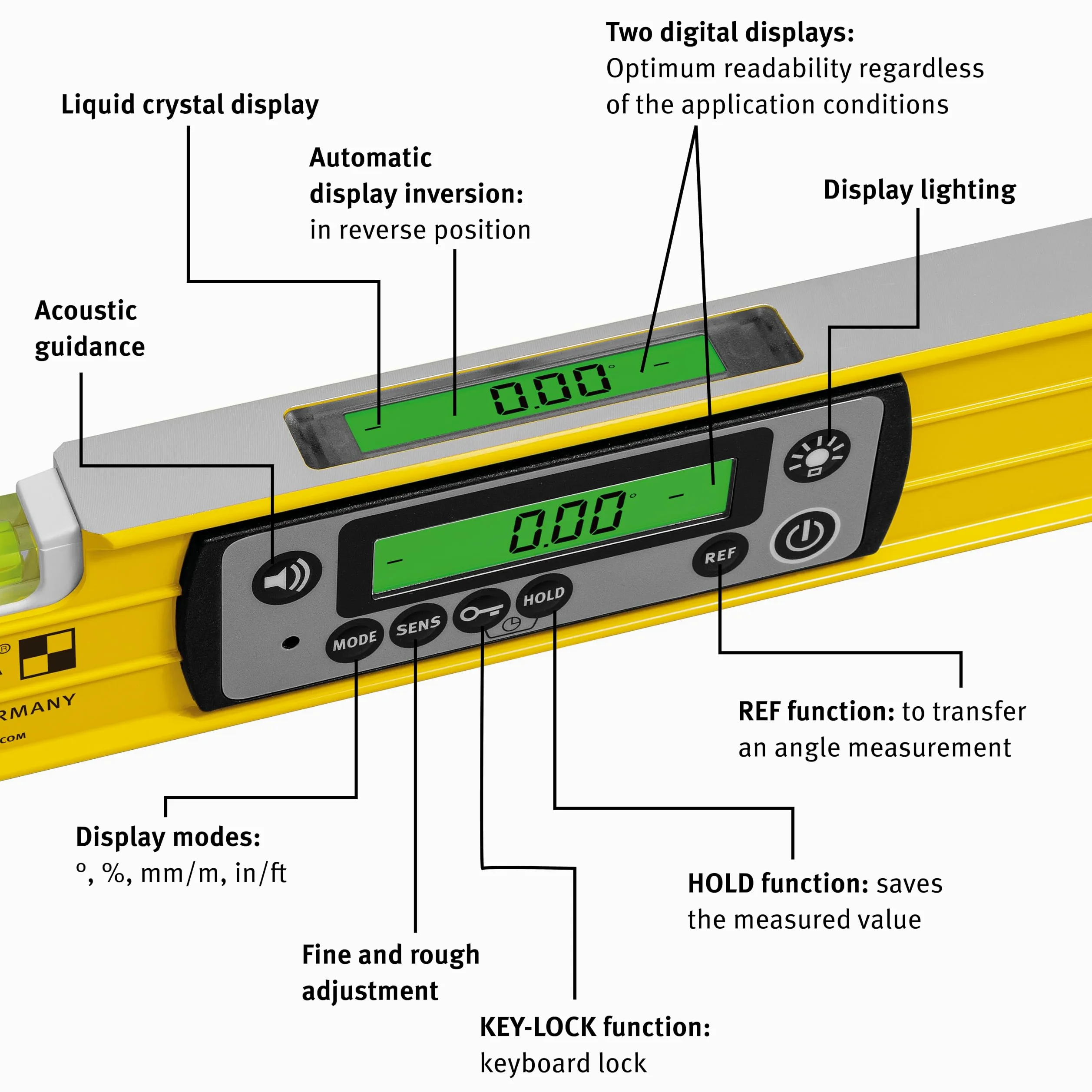 STABILA TECH 196 DL - Nivel de burbuja digital (resistente al agua y al polvo, IP67, 2 pantallas digitales, sin calibración, con bolsa, 183 cm)