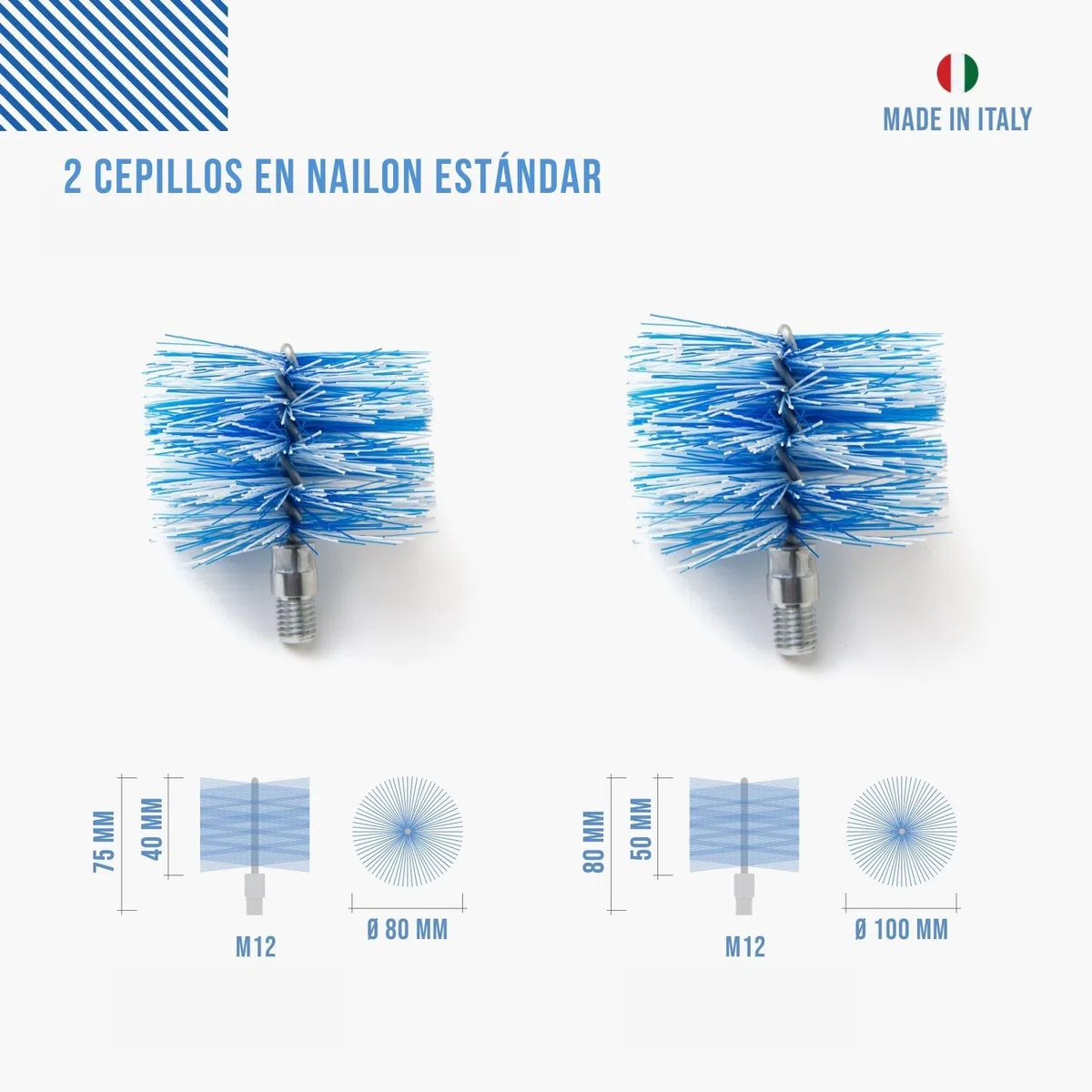 BARETTO | Kit Limpieza conductos Humos | Ø 80+100 mm, Nylon, 6 m, 2 cepillos, Conector M12 | Set Mantenimiento Tubos Chimenea y Estufa