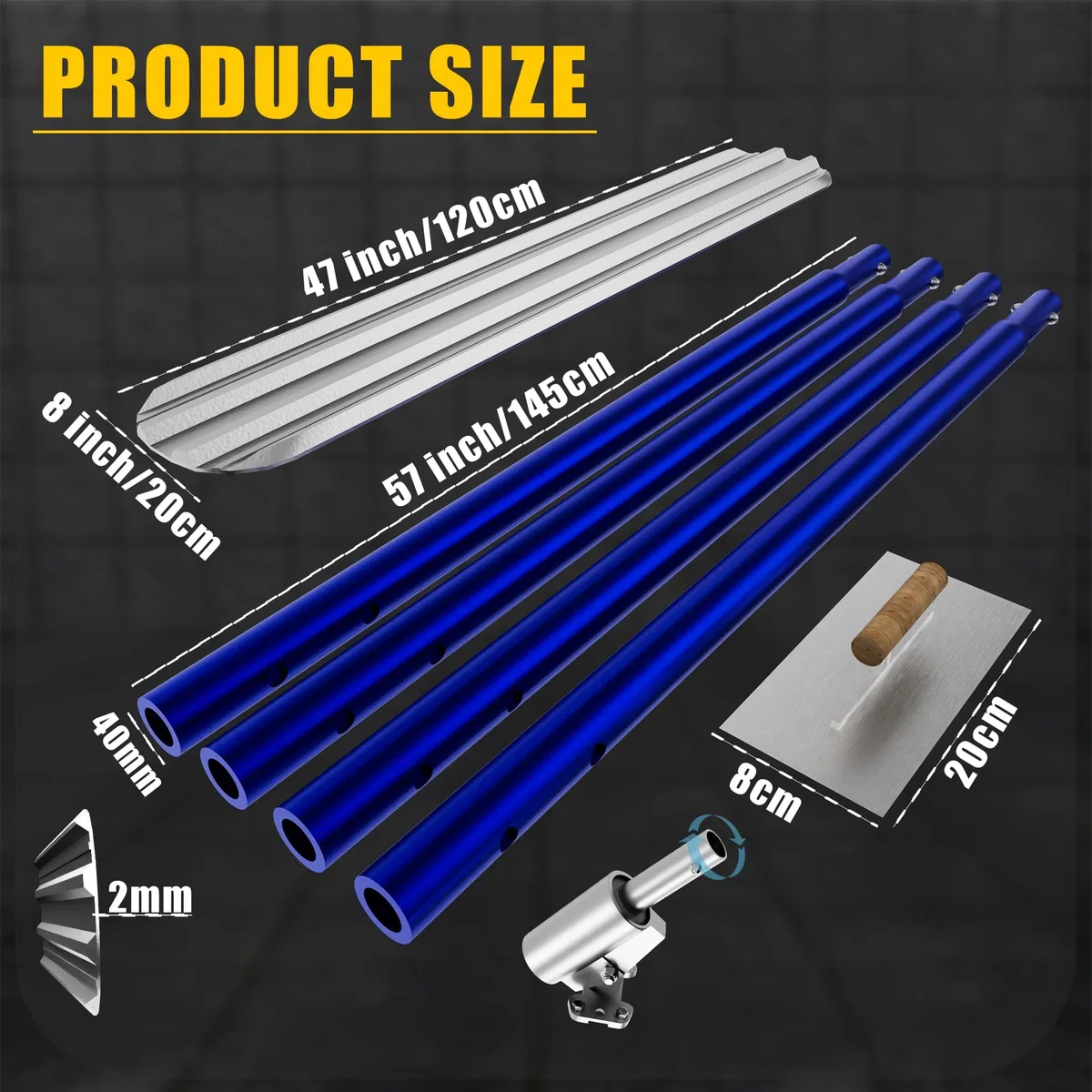 Alisadora de hormigón Bull Float 1200 x 200 mm, alisadora de hormigón con 4 asas, caja de herramientas, paleta, juego de alisadora de hormigón para el acabado del hormigón