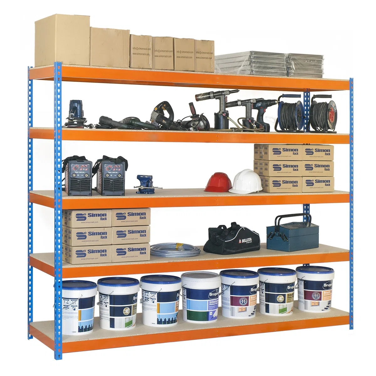 Simon Rack Estanterías Metálicas, 3000x1200x450 mm, 400 kg de Punto Flexión, 5 Estantes Madera, Estantería Almacenaje, Estantería Industrial, Azul/Naranja/Madera - SimonTaller