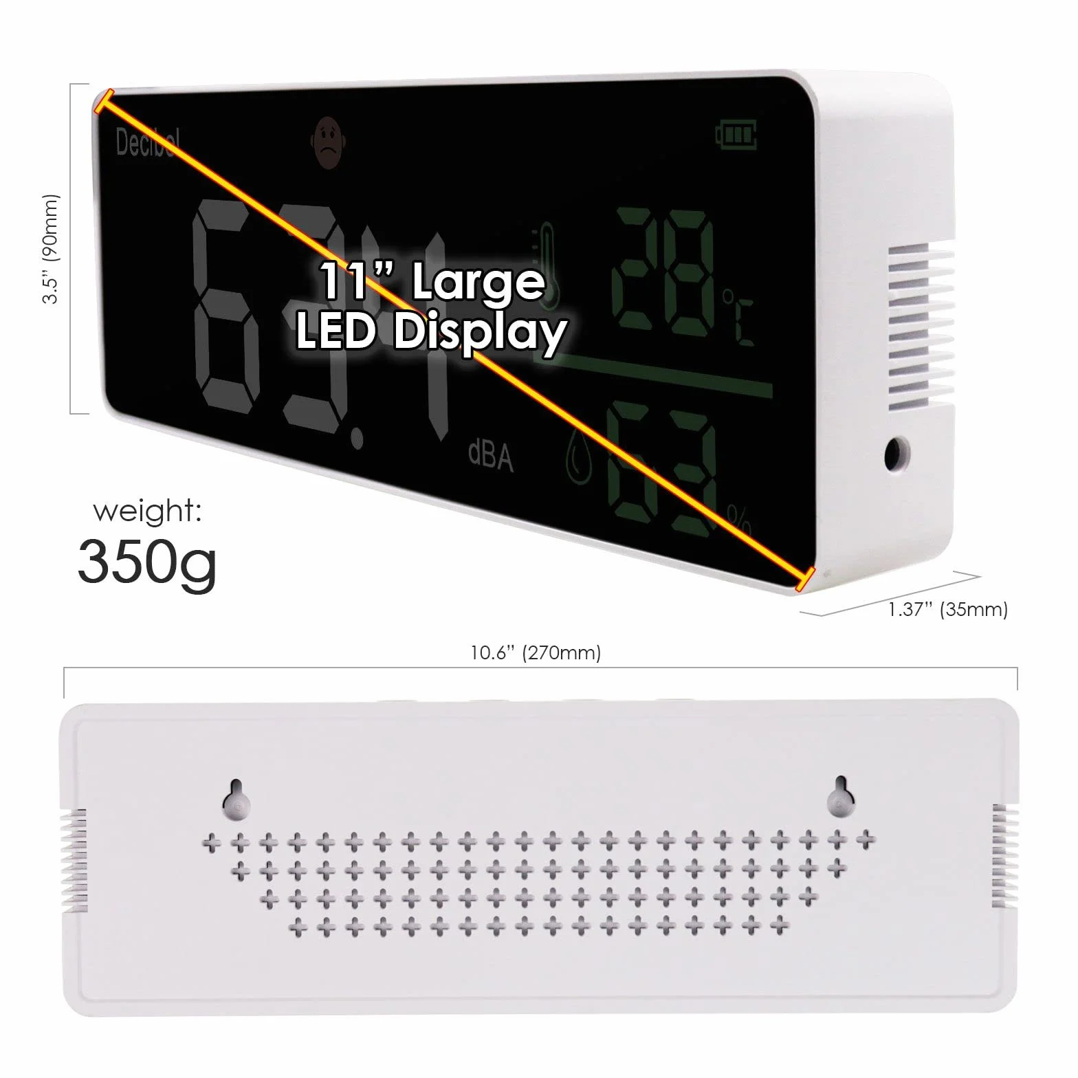 Medidor de nivel de sonido de 11 pulgadas con pantalla LED grande, medidor de humedad y temperatura con alarma e indicador amplio