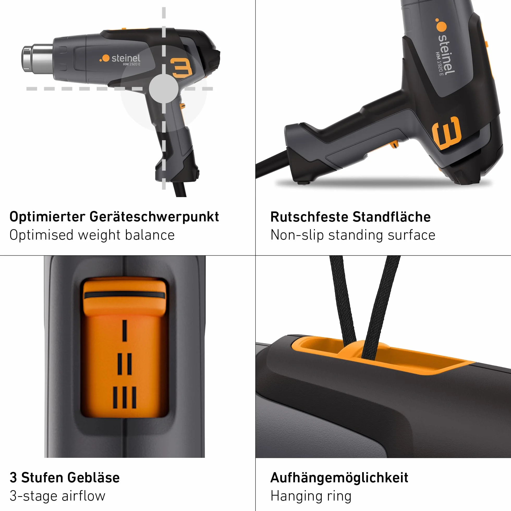 Steinel Pistola de aire caliente HM 1920 E, 2000 W, 80-600°C, pistola de aire caliente con calefacción cerámica, para retracción, filmación y soldadura de plásticos