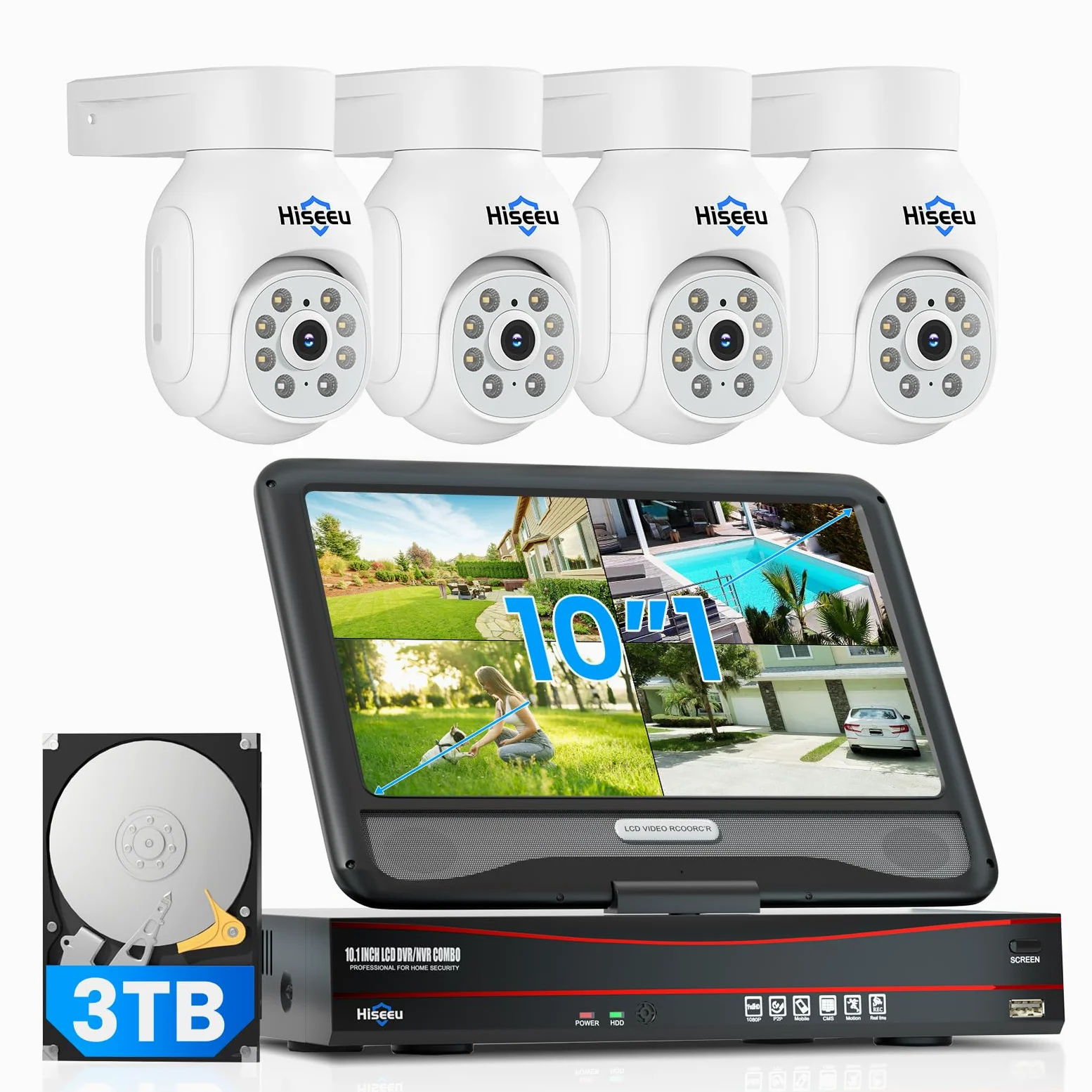 Hiseeu Kit Camaras Vigilancia PoE 5MP, Sistema Seguridad Exterior con Monitor 10'' y HDD 3TB, NVR 8CH PTZ, Vision Nocturna Color 30M, Registro 24/7