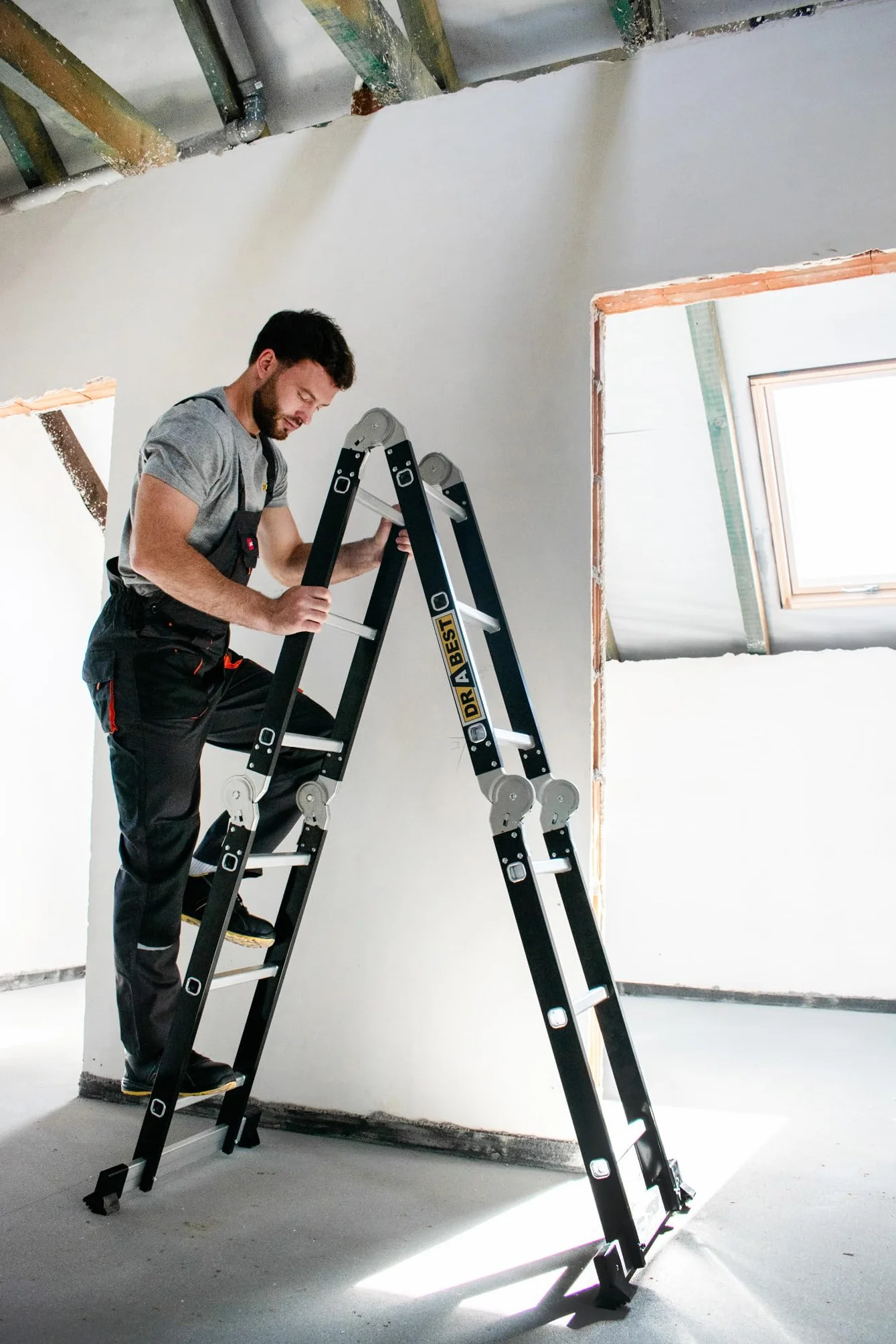 DRABEST - Escalera Articulada 4x3 Plegable de Aluminio y Acero - Carga Máxima 125 kg - Polivalente y Extensible - Tamaño: 0,32x0,98x0,25 m