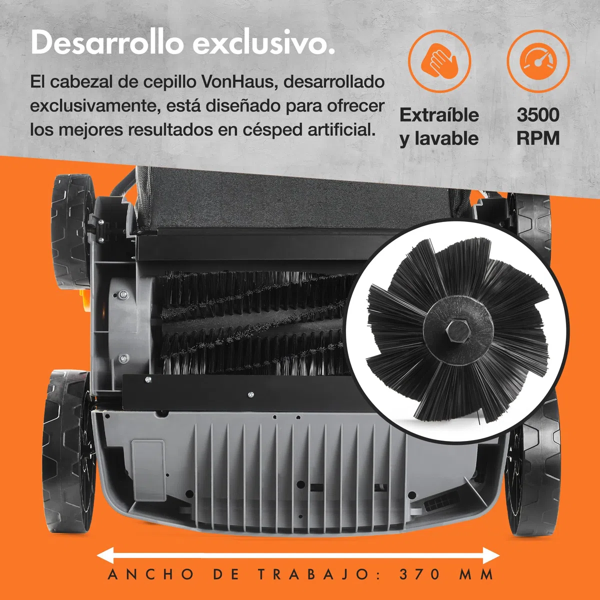 VonHaus Cepillo para Césped Artificial - Peinadora Barredora de Césped Artificial con Bolsa de Recogida, 5 Alturas Ajustables, 330-380 mm de Ancho de Trabajo y Asa Plegable (1800 W)