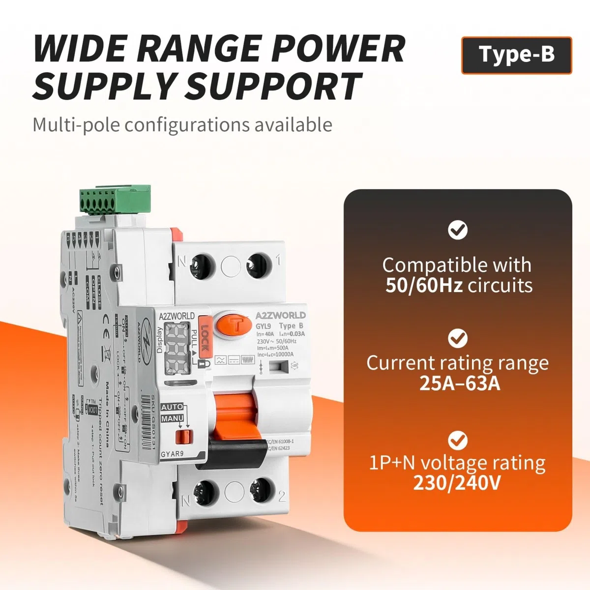 Interruptor diferencial tipo B Rearme automático 40A, RCCB salvavidas Clase B rearmable, 1P+N 10kA 300mA/0,3A, 3 módulos DIN, 3 intentos (10s/60s/300s)