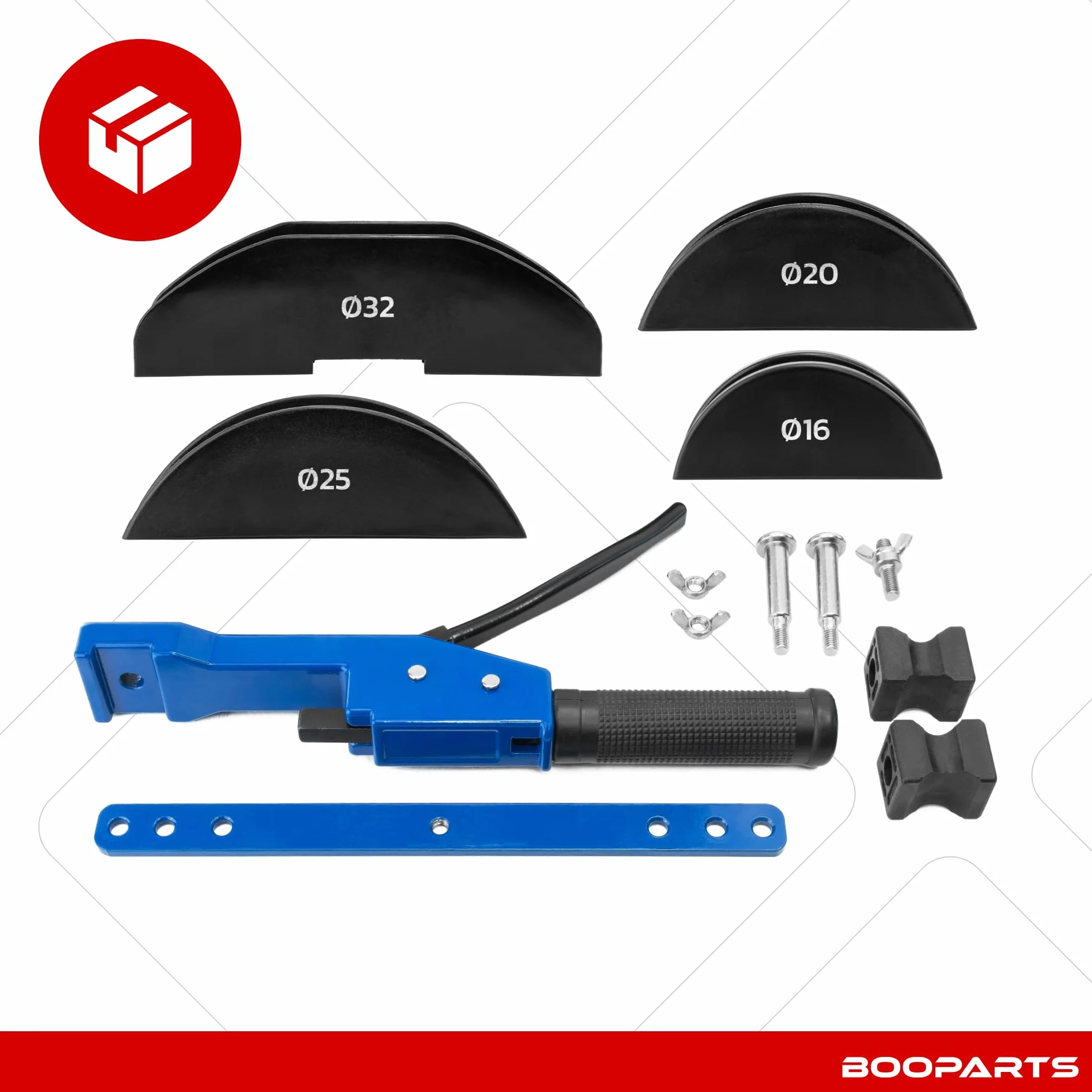 Curvadora de Tubos Multicapa Ø16–32 mm | Dobladora Manual Tipo Ballesta para PEX, PER y Fontanería – Kit 4 matrices