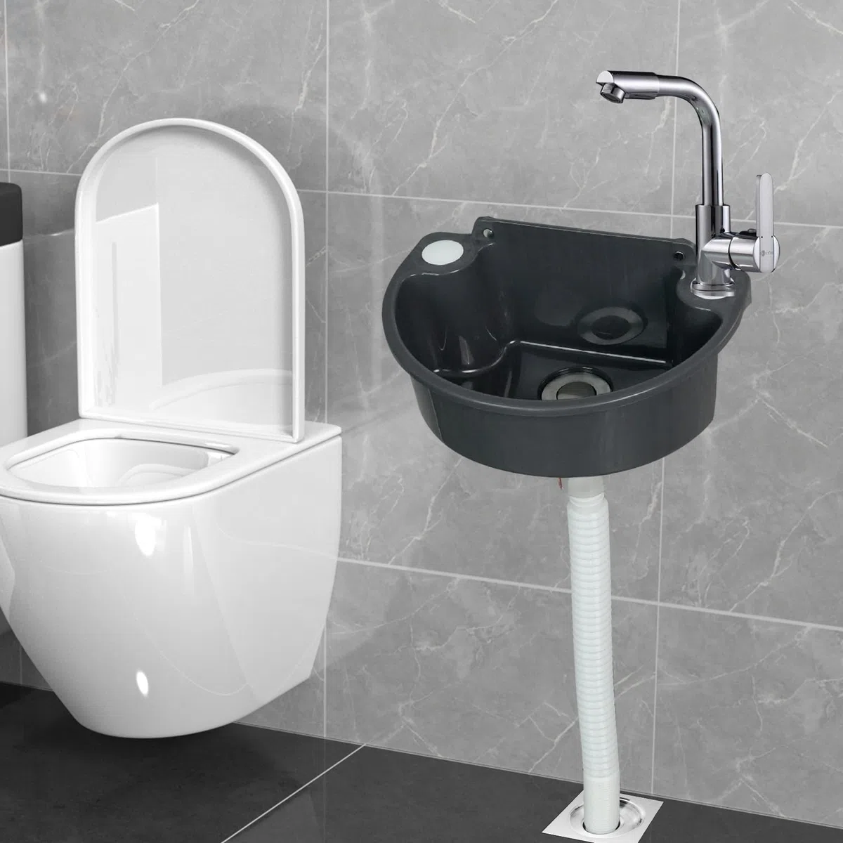 Fregadero De PláStico, Fregadero De Camping De Pared Con DesagüE De 75 Cm Lavabo Semicircular Gris Para Aseo De Invitados BañO Camping JardíN SóTano Obra 31 X 21 X 10,5 Cm