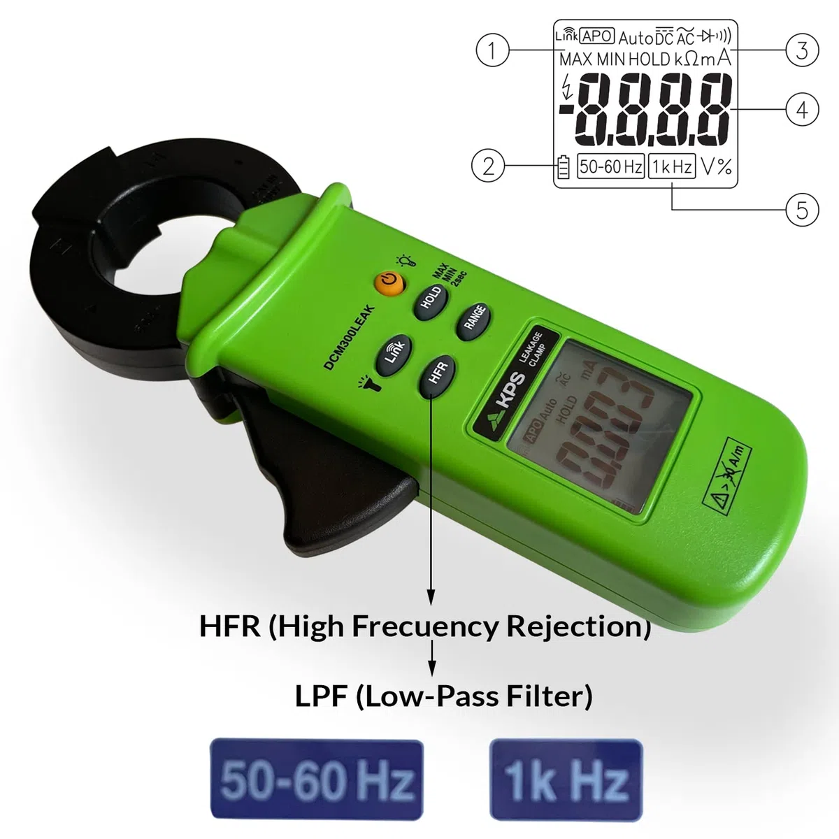 KPS-DCM300LEAK Pinza de Fugas TRMS Corriente AC 60A LPF Filtro Paso Bajo 50-60Hz y 1kHz conexión Bluetooth 6000 Cuentas CAT. III