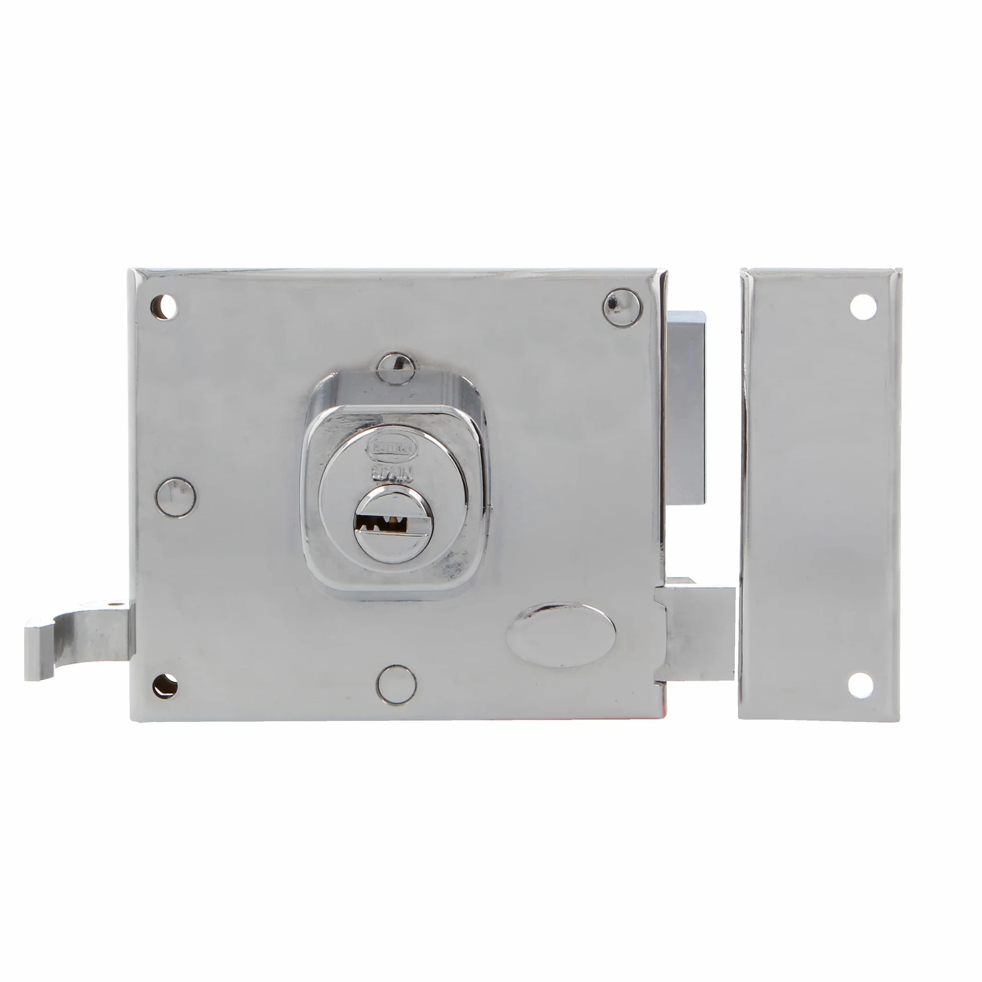 Amig - Cerradura de Sobreponer de Derecha con Palanca de Cierre, Lengüeta y Tirador para Puertas de Madera Mod. 72-100 x 85 mm - Pestillo Con Cilindro Redondo - Acero Cromado Brillo