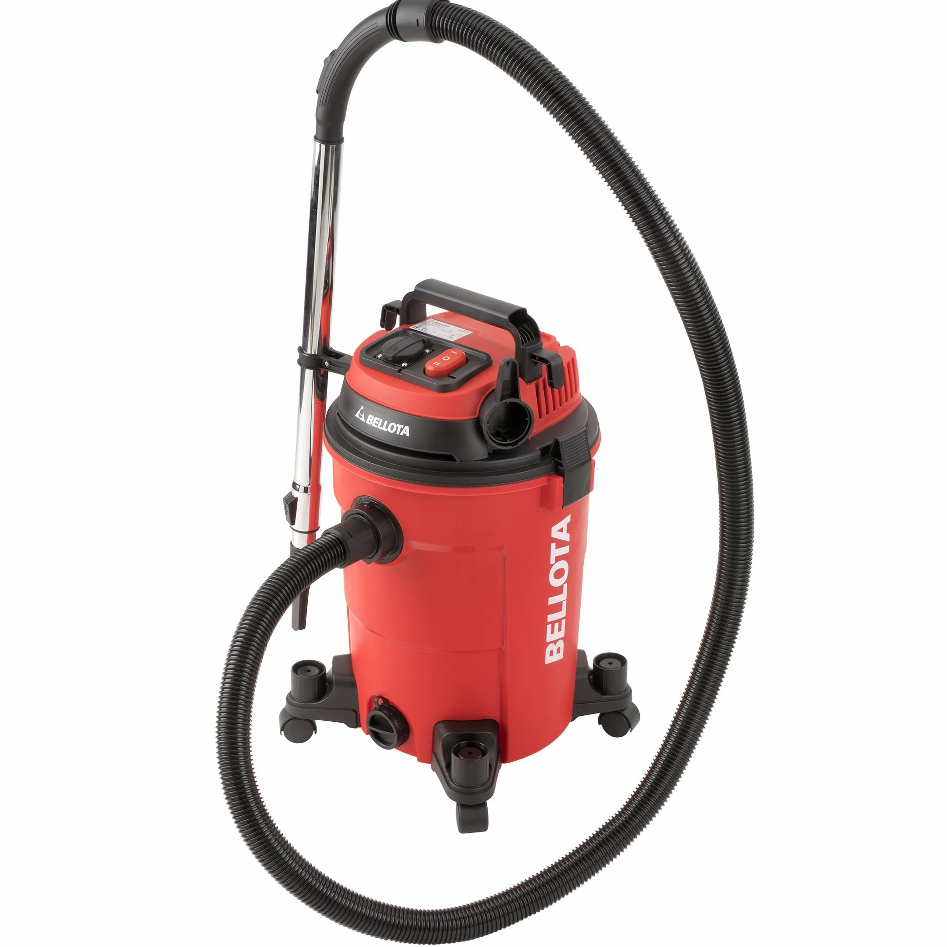 Bellota ASL2500SE - Aspirador con cable para aspirar restos líquidos y sólidos sincronizado, 25L, 2KW, Manguera (32mm Ø) de 2 metros, Tubo extensible metálico (440mm), enchufe sincronizado, con ruedas