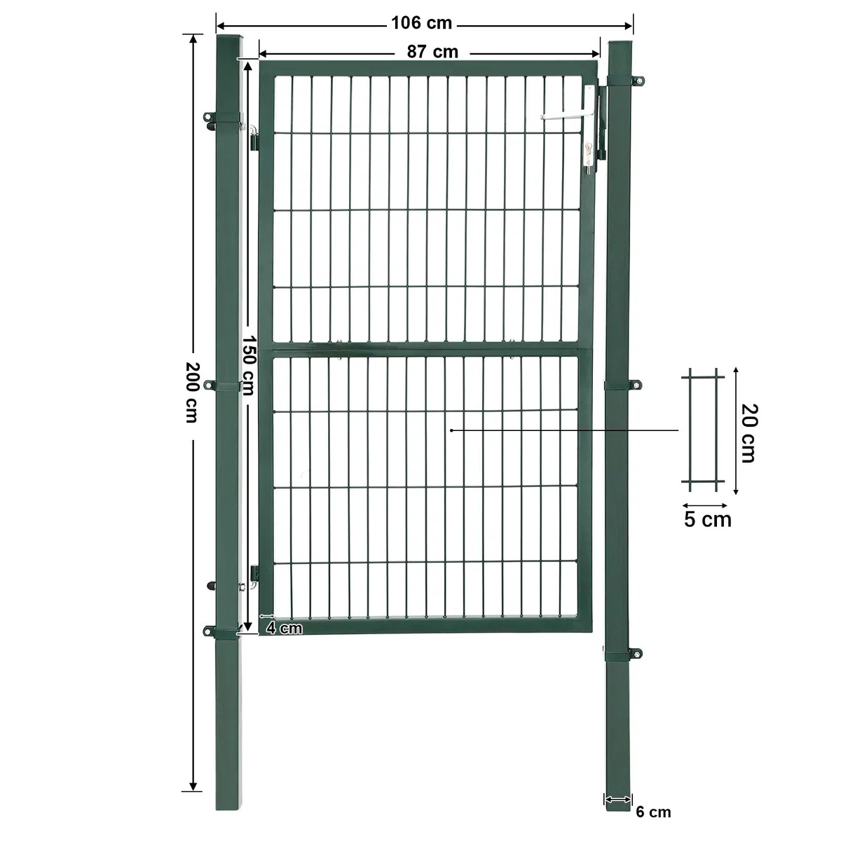SONGMICS Puerta de Jardín de Acero Galvanizado, Puerta para Valla, con Cerradura, Manija y Llave, 106 x 150 cm (Largo x Alto), Verde GGD200L