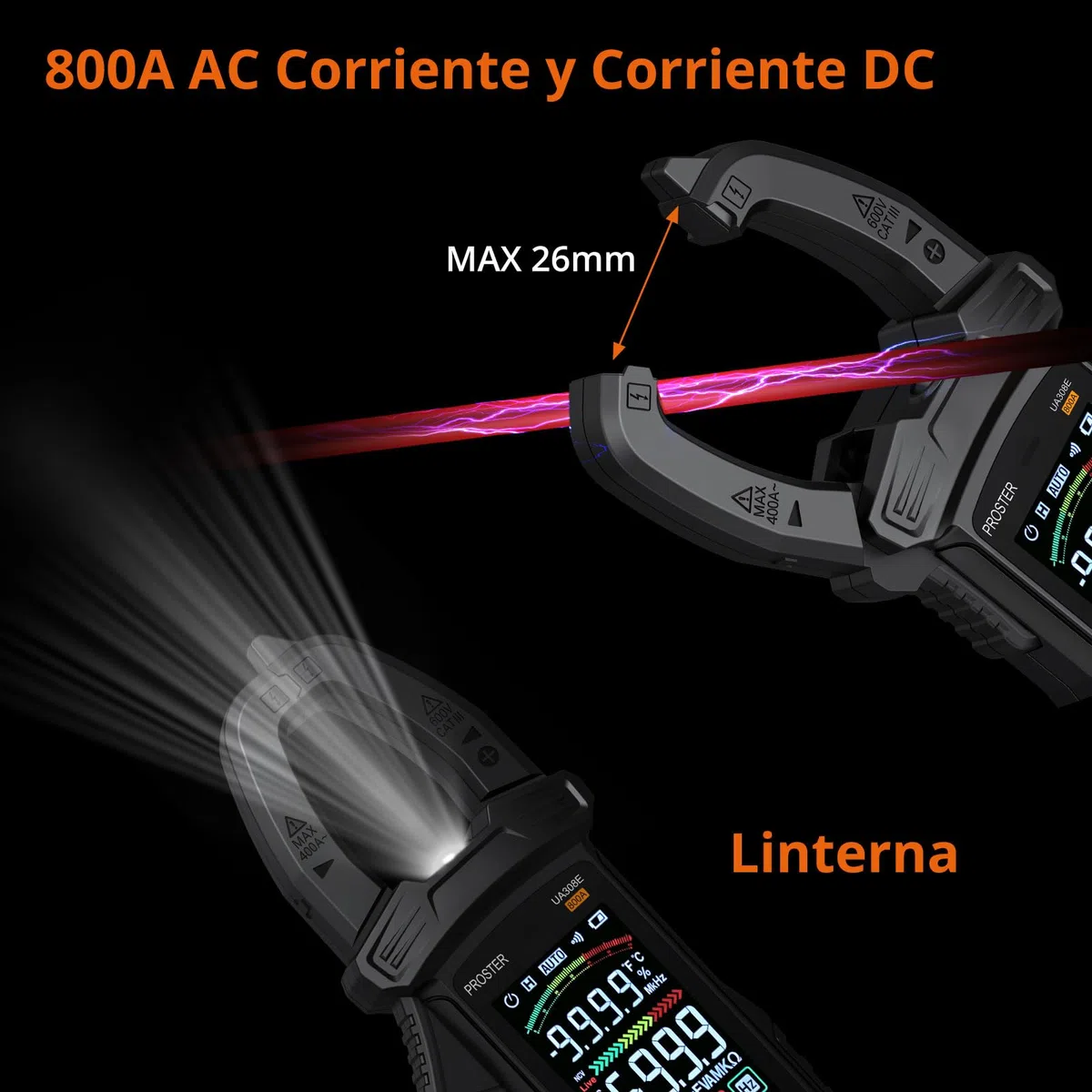 Proster Pinza Amperimétrica TRMS 6000 Cuentas - Medición de Corriente AC/DC 800A, Voltaje 600V, NCV, Resistencia, Diodo y Temperatura con Pantalla Grande y Bolsa de Almacenamiento
