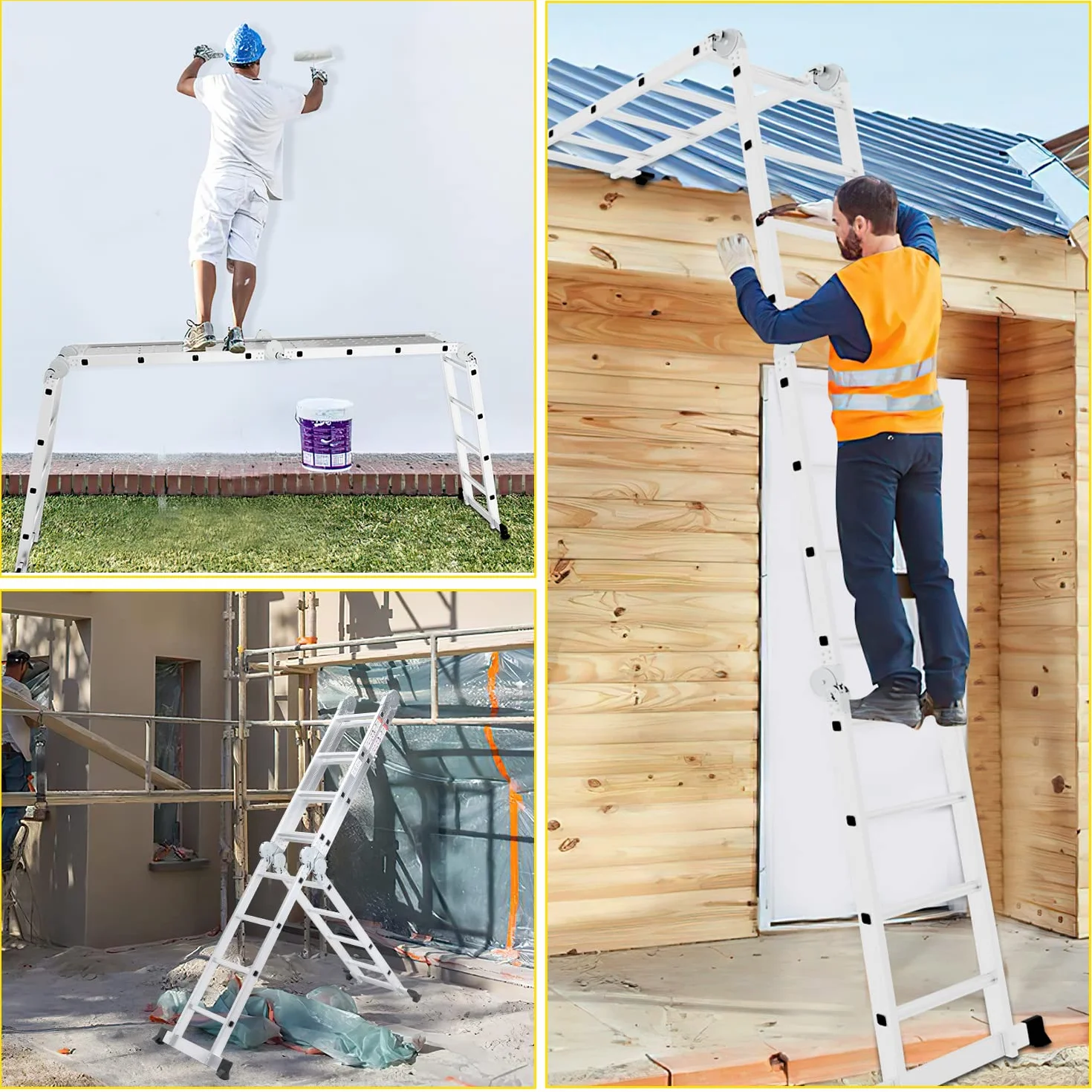 Ikodm Escalera multifunción de Aluminio de 4 x 5 peldaños, 5,82 m, 7 en 1, hasta 150 kg, con 2 Ruedas de Transporte y 2 Plataformas, Escalera articulada Plegable
