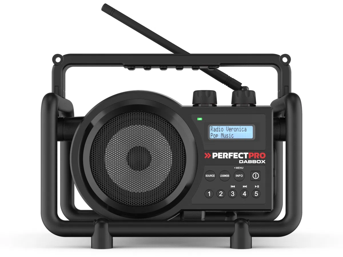 PerfectPro Radio DABBOX, Dab+ y recepción FM, Cargador de batería Integrado para batería Universal, Bluetooth, Recargable, Entrada Auxiliar, Resistente a los Golpes, IP54, DBX3