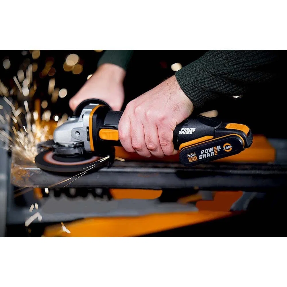 Worx WX800 Amoladora Angular 115mm 20V 8.000rpm 2 Baterías | Disc. 115mm, husillo M14, disco desbaste metal, cargador 1h, 2 baterías 2Ah, maletín