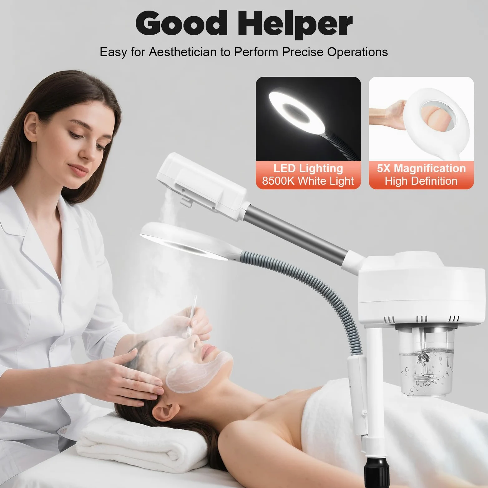 Vaporizador facial profesional 2 en 1 con luz LED, 5 lupas, altura regulable para hogar, spa y salón
