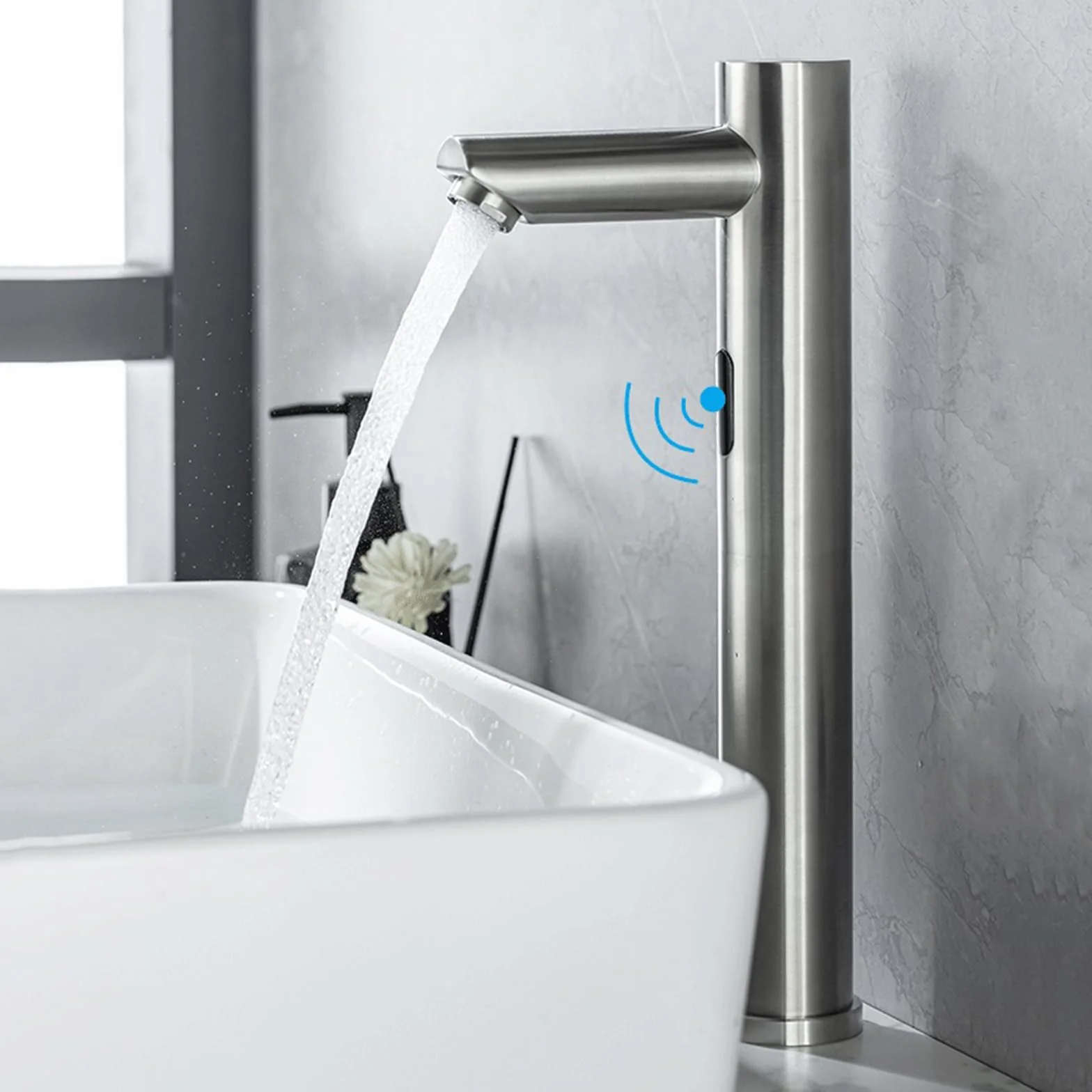 XJTNLB Grifo Automatico con Sensor a Pilas Grifo Lavabo Acero Inoxidable Grifos Inteligente Agua Fría y Caliente,Oro Cepillado,Alto