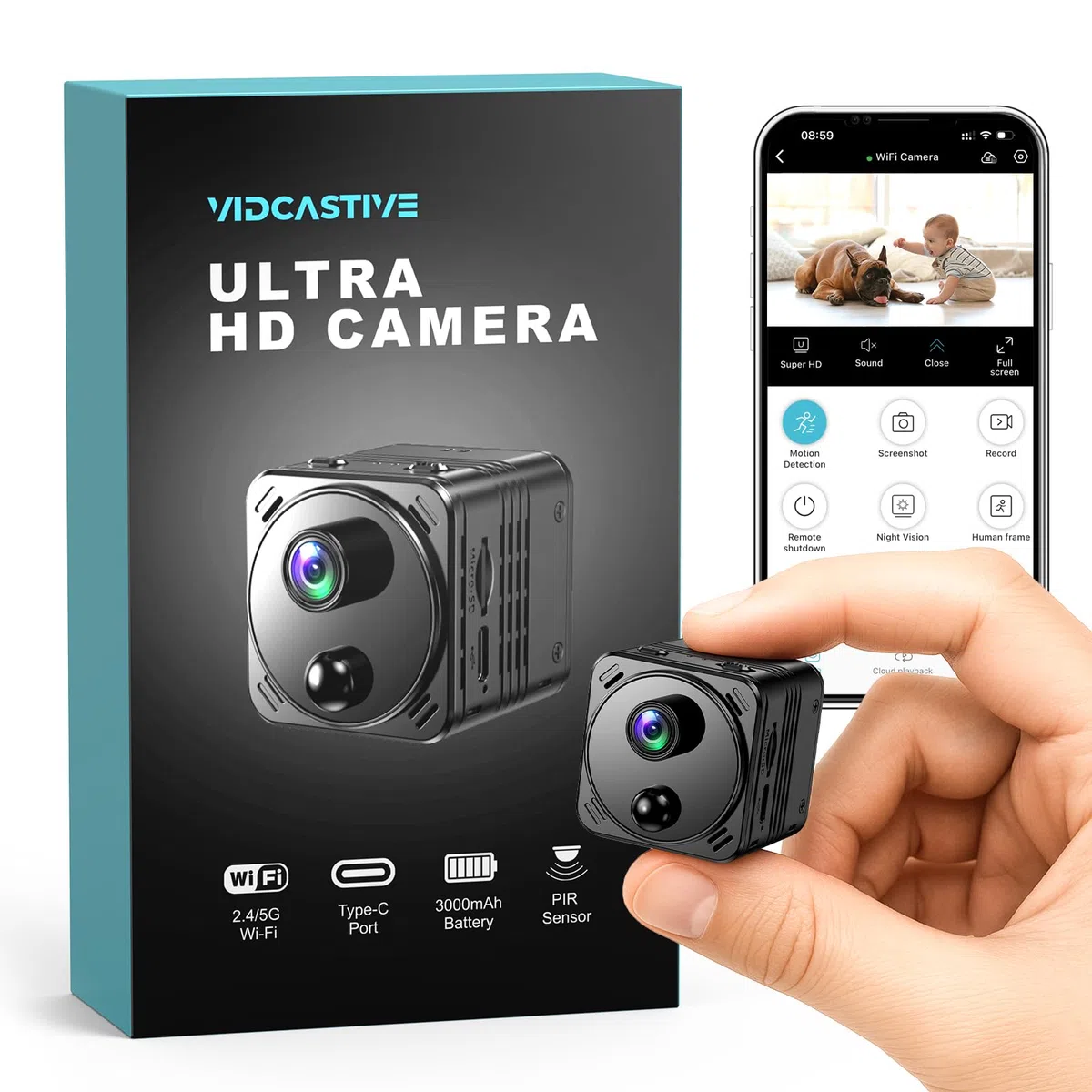 VIDCASTIVE Mini cámara oculta 4K de doble banda 2.4/5GHz WiFi cámara de seguridad interior con detección humana AI, visión nocturna, almacenamiento en la nube/SD, hasta 150 días de duración de la