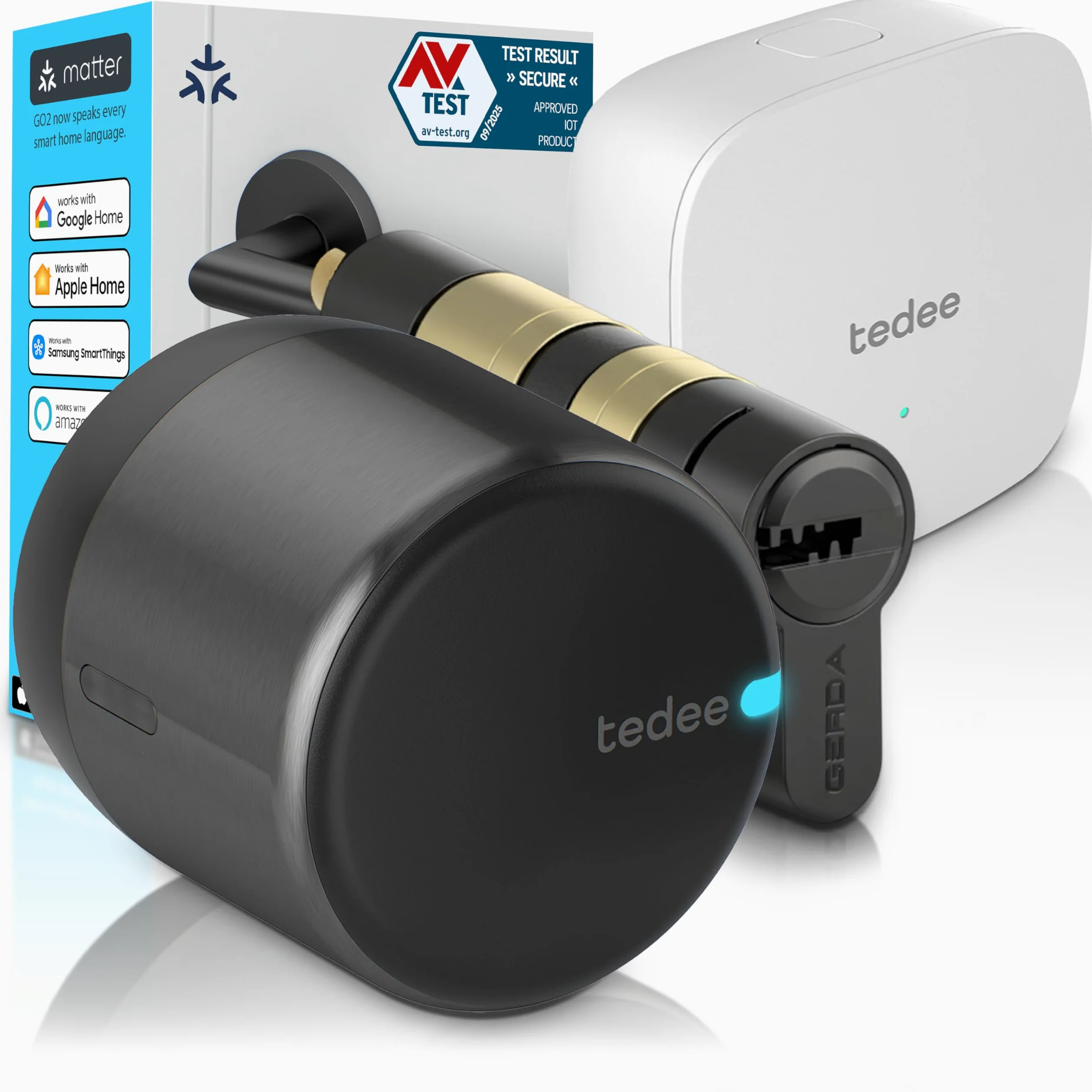 tedee GO2 Alu Cerradura Inteligente con WiFi y Bluetooth, Electrónica Kit con Cilindro Exxo Smart 31-62/31-62mm y Bridge, para Acceso Remoto y Desbloqueo Automático, Compatible con Alexa Google Matter