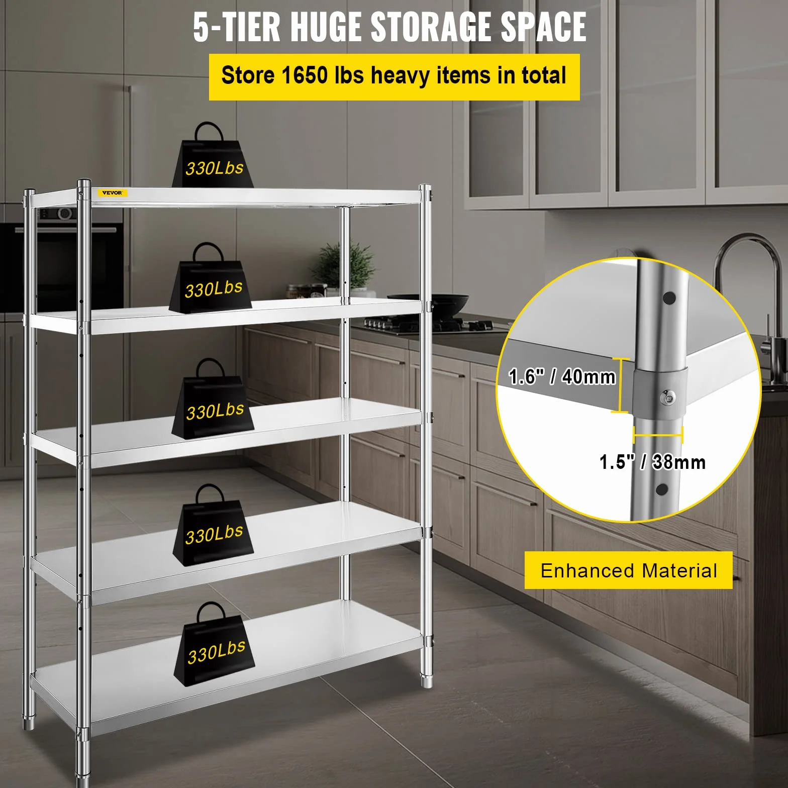 VEVOR Estantería Robusta de 5 Niveles de Acero Inoxidable 121,9 x 47 x 182,9 cm, estantería para Cargas Pesadas de 5 estantes de Acero Inoxidable de Capacidad 750 kg Total, estantería de 5 Niveles
