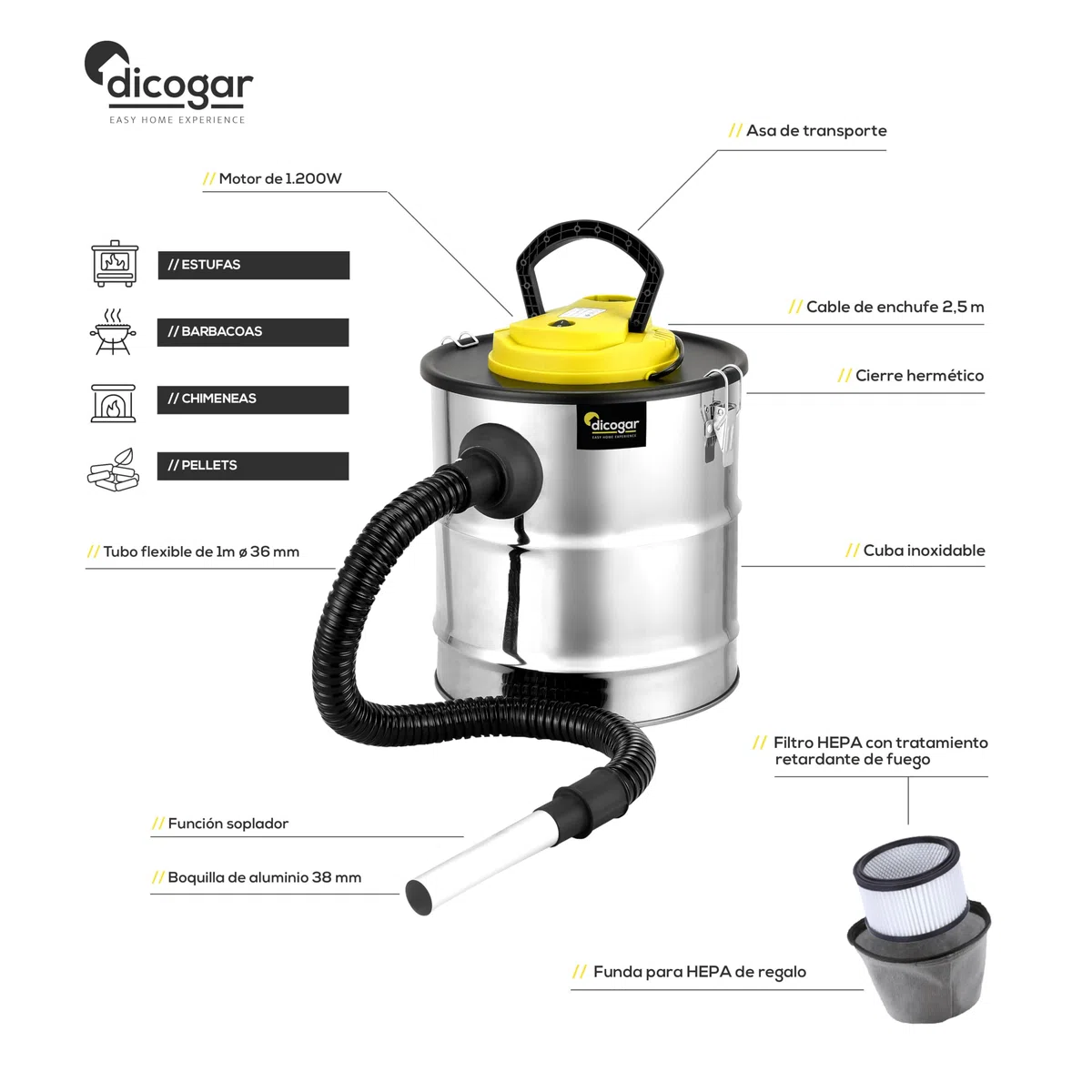Aspirador de Cenizas - Chimenea, Pellet y Barbacoas - Potencia de 1.200W - Capacidad de 20 L - Fabricado en Acero Inoxidable - Incluye Manguera de 1m y Funda para Filtro - Función Soplador - Dicogar
