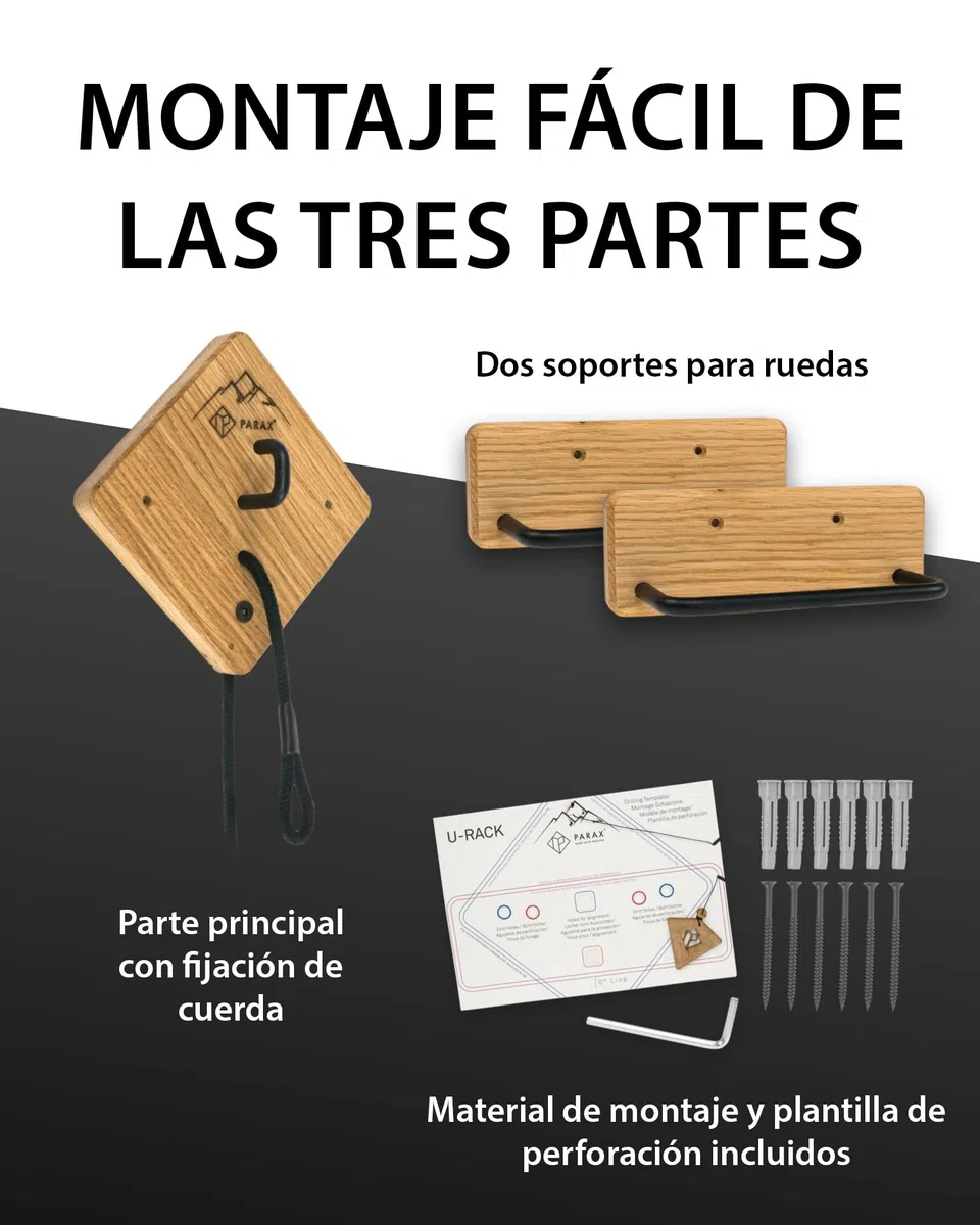 Soporte para bicicleta PARAX - Soporte de pared para bicicleta - Almacenamiento de bicicleta interior - para MTB, E-Bike, bicicleta de mujer, bicicleta de carretera, bicicleta gravel - hasta 35 kg - de madera