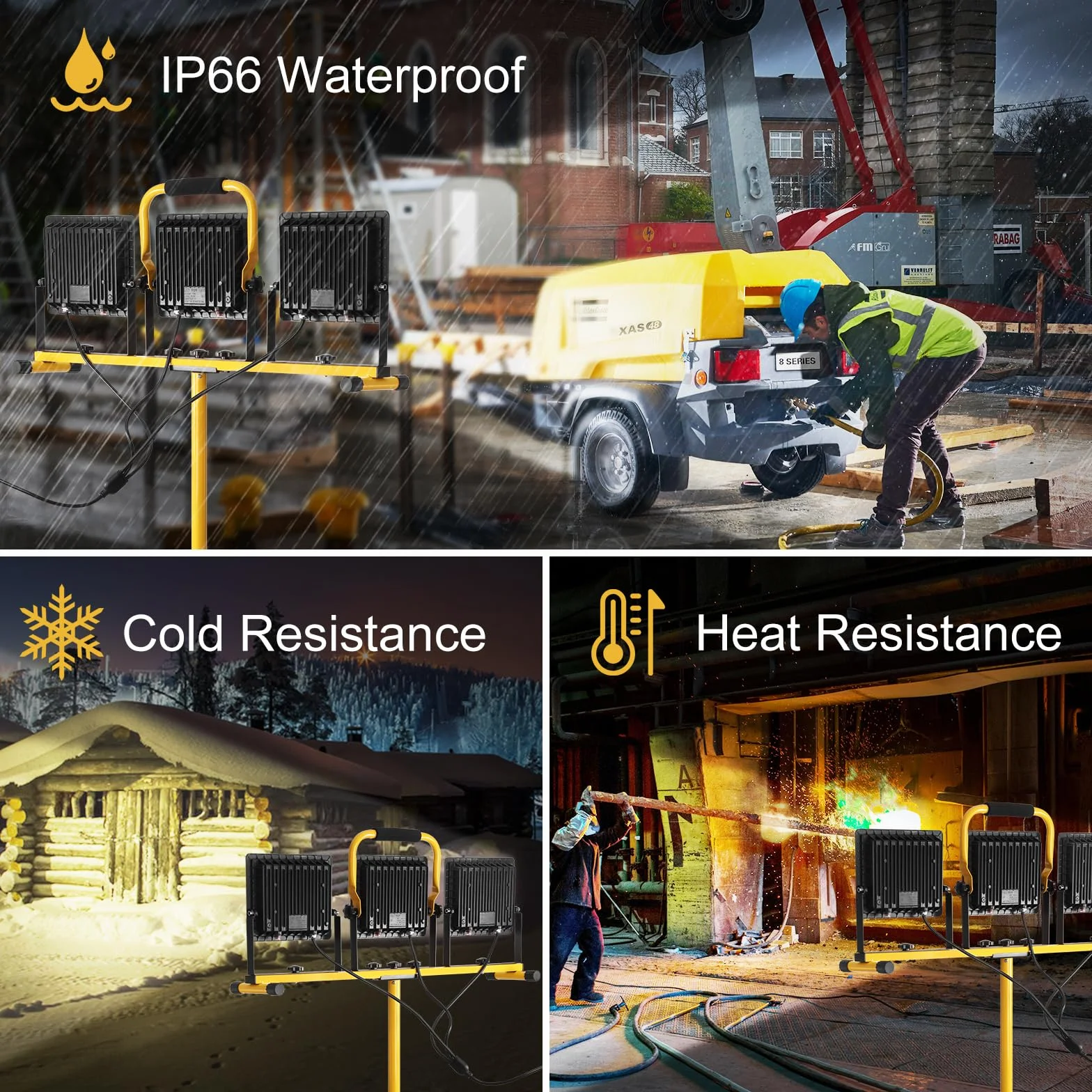 Yofuly Foco LED 3x 70W, Foco de Trabajo 21,000LM 6500K, Focos LED Portátil para Obras con Trípode Telescópico de Metal, Cable de 5M, IP66 Impermeable, Luz de Trabajo para Construcción