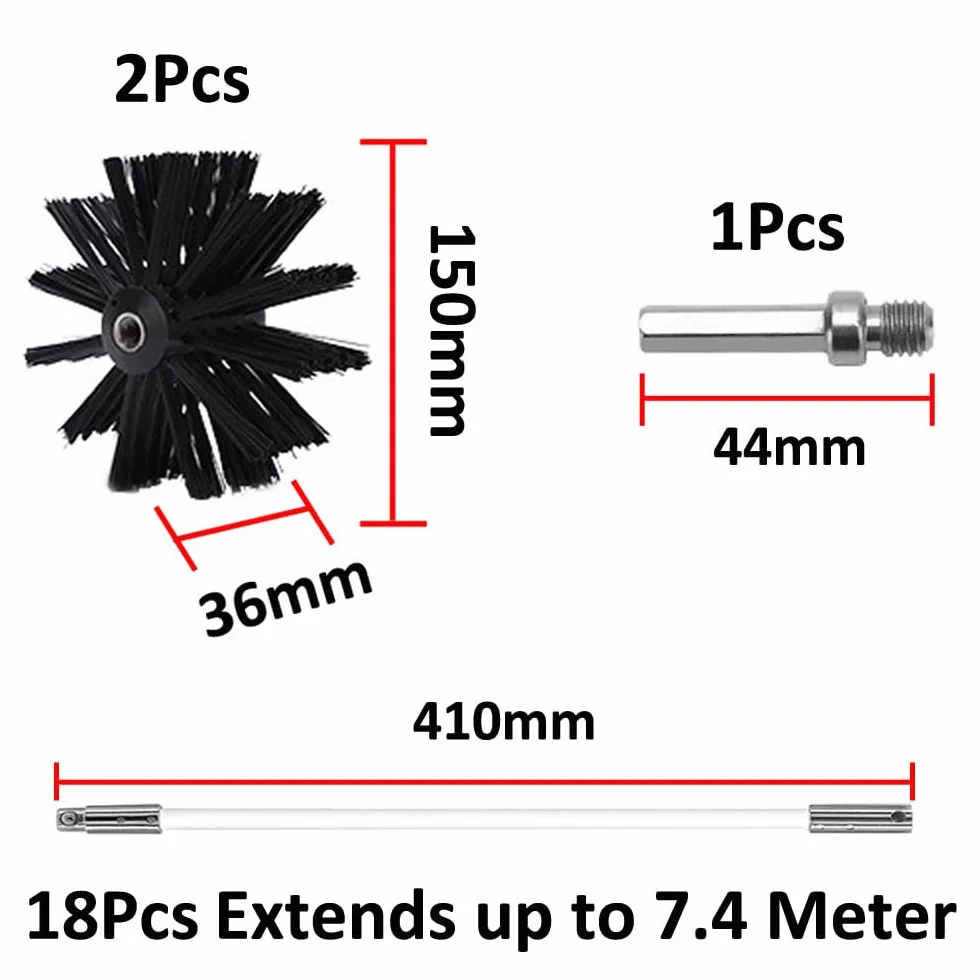 Kit de Cepillo Limpieza Chimenea Cepillo para Chimenea Rotativo de Nylon Juego de Limpieza de Ventilación del Conducto con 18 Varillas Flexibles 2 Cabeza de Cepillo 150mm