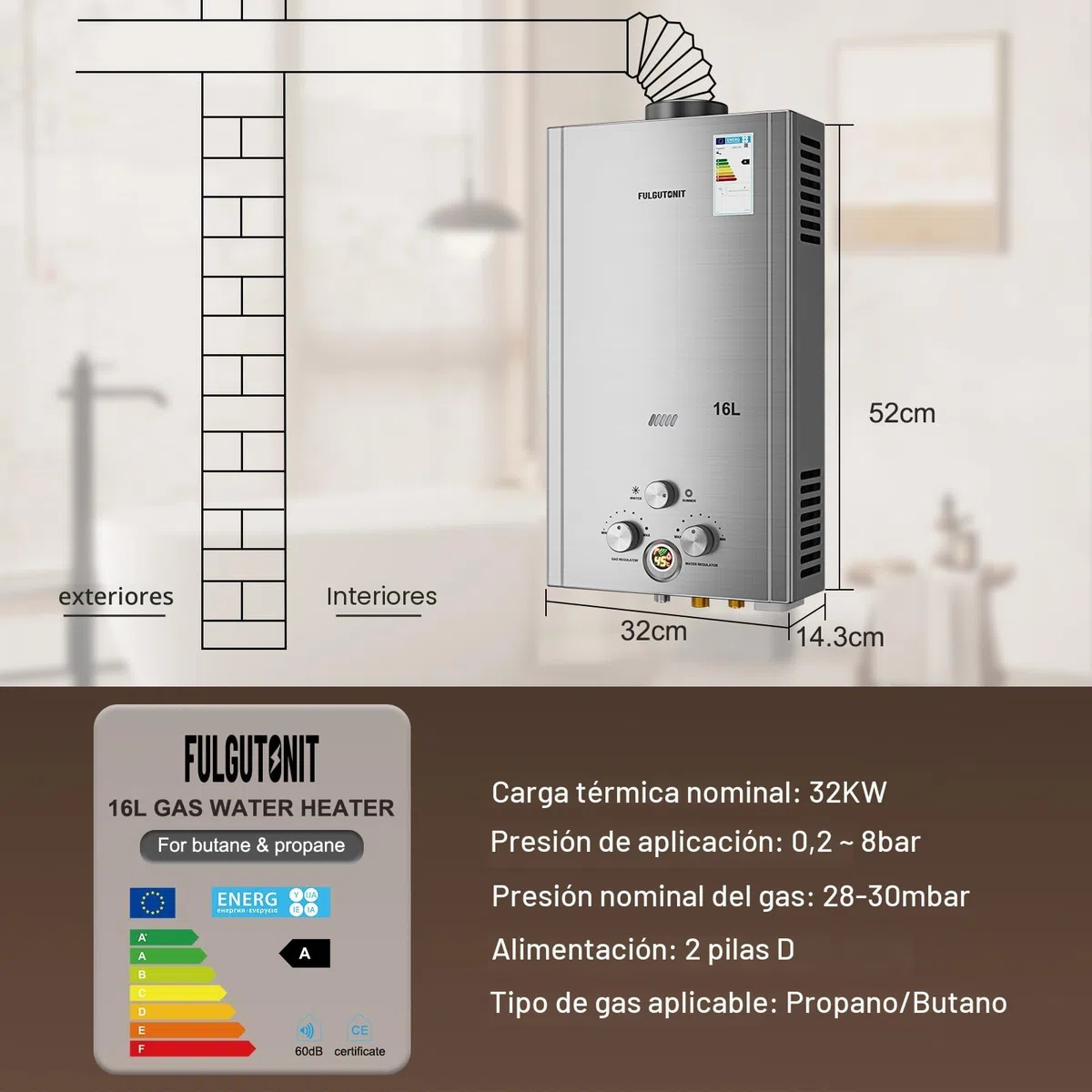 Fulgutonit Calentador de Agua de Gas 16L Con Ducha Sobrealimentada, Calentador de Agua de Gas GLP Propano Butano Adecuado Para el Hogar, Vehículos Recreativos y Exteriores