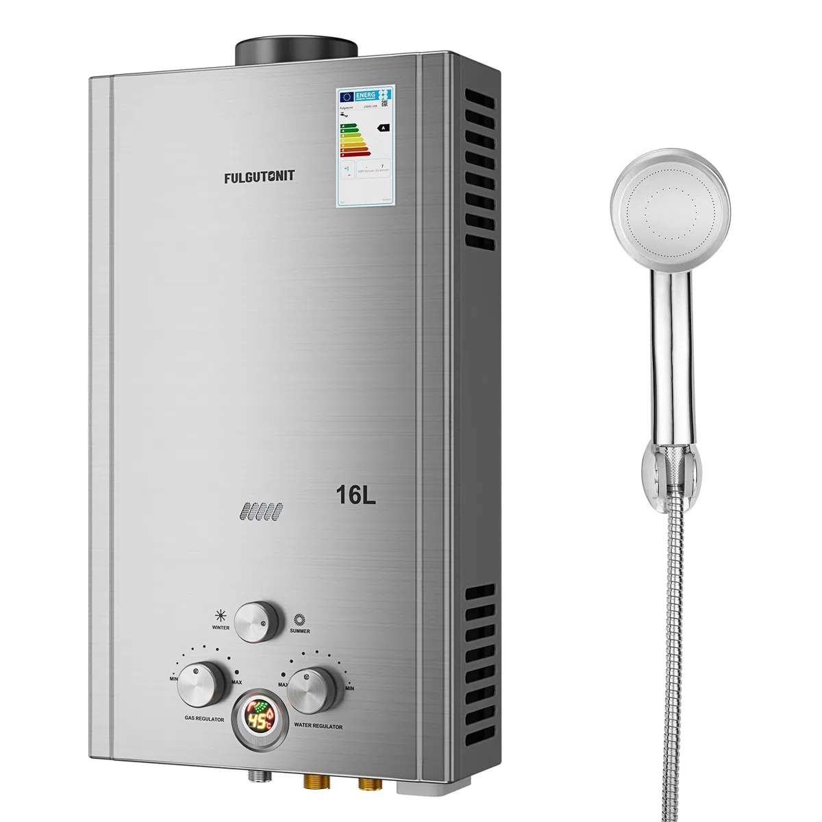 Fulgutonit Calentador de Agua de Gas 16L Con Ducha Sobrealimentada, Calentador de Agua de Gas GLP Propano Butano Adecuado Para el Hogar, Vehículos Recreativos y Exteriores