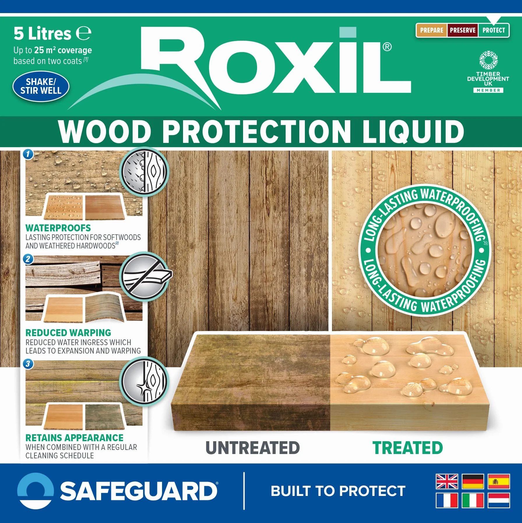 Roxil Tratamiento de Fondo Impermeabilizante Transparente para Madera Exterior - 5L - Proporciona Hasta 10 Años de Protección e Impermeabilización Incolora