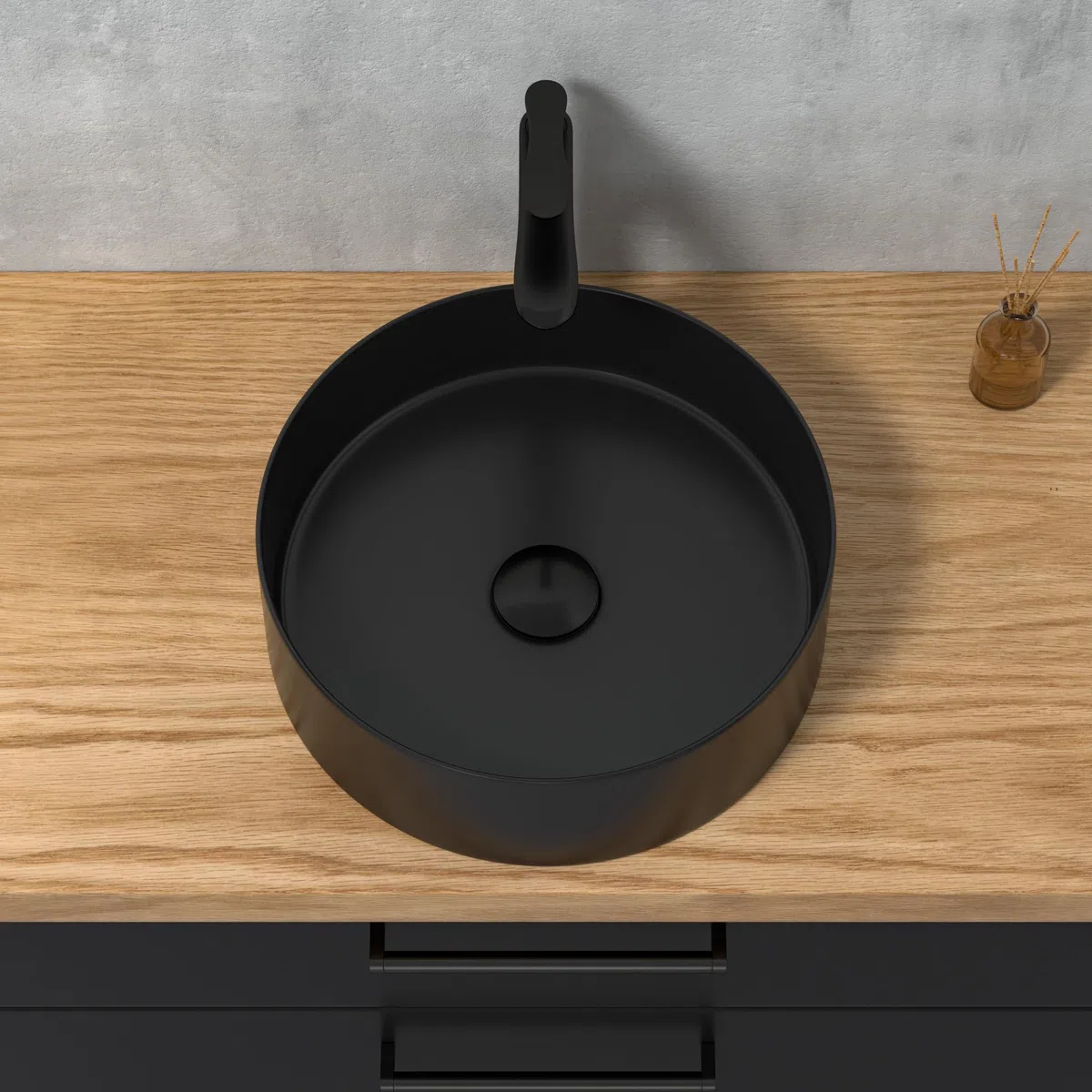 Lavabo negro, redondo, pequeño lavabo de mano en diseño elegante y fácil de limpiar para baño y aseo de invitados (negro mate, 39,5 x 39,5 x 13 cm)