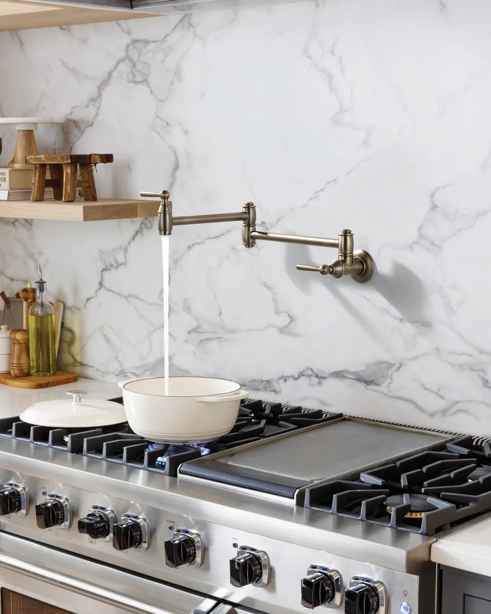 Grifo de llenado de ollas de bronce antiguo, ARCORA Modern Pot Filler Wall Mount Kitchen Folding Faucet 2 Handle with Double Joint Swing Arms Brass Stove Faucet